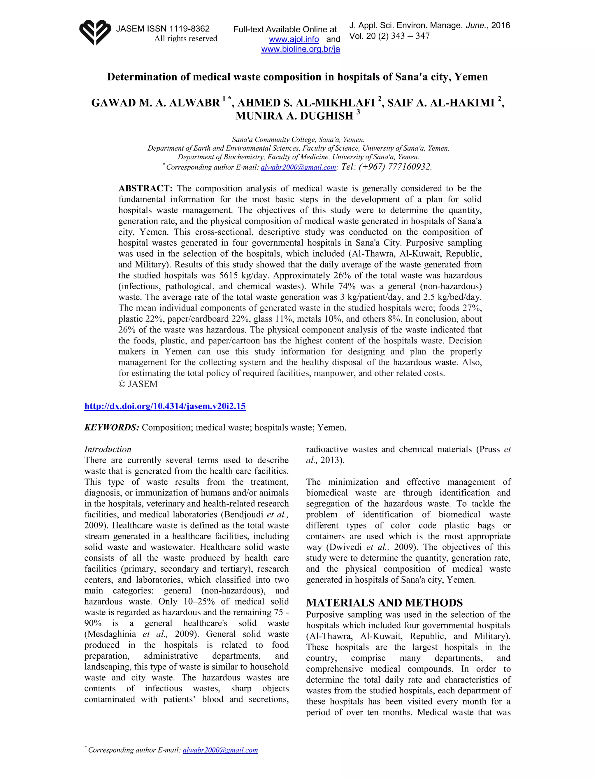 Determination of medical waste composition in hospitals of Sana'a city