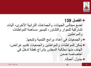 11
6
-
7
‫يوليوز‬
2017

‫الفصل‬
139
‫آلي‬ ،‫األخرى‬ ‫الترابية‬ ‫والجماعات‬ ،‫الجهات‬ ‫مجالس‬ ‫تضع‬
‫ات‬
‫المواطنا‬ ‫مساهمة‬ ‫لتيسير‬ ،‫والتشاور‬ ‫للحوار‬ ‫تشاركية‬
‫ت‬
‫والمواطنين‬

‫وتتبعها‬ ‫التنمية‬ ‫برامج‬ ‫إعداد‬ ‫في‬ ‫والجمعيات‬
.

‫عرائ‬ ‫تقديم‬ ‫والجمعيات‬ ‫والمواطنين‬ ‫للمواطنات‬ ‫مكن‬ُ‫ي‬
،‫ض‬
‫في‬ ‫تدخل‬ ‫نقطة‬ ‫بإدراج‬ ‫المجلس‬ ‫مطالبة‬ ‫منها‬ ‫الهدف‬
‫ضمن‬ ‫اختصاصه‬

‫أعماله‬ ‫جدول‬
.
11
 