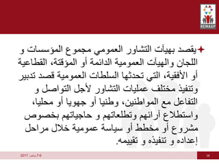 16
6
-
7
‫يوليوز‬
2017

‫المؤسسات‬ ‫مجموع‬ ‫العمومي‬ ‫التشاور‬ ‫بهيآت‬ ‫يقصد‬
‫و‬
‫القطاع‬ ،‫المؤقتة‬ ‫أو‬ ‫الدائمة‬ ‫العمومية‬ ‫والهيآت‬ ‫اللجان‬
‫ية‬
‫قص‬ ‫العمومية‬ ‫السلطات‬ ‫تحدثها‬ ‫التي‬ ،‫األفقية‬ ‫أو‬
‫تدبير‬ ‫د‬
‫التواصل‬ ‫ألجل‬ ‫التشاور‬ ‫عمليات‬ ‫مختلف‬ ‫وتنفيذ‬
‫و‬
،‫محليا‬ ‫أو‬ ‫جهويا‬ ‫أو‬ ‫وطنيا‬ ،‫المواطنين‬ ‫مع‬ ‫التفاعل‬
‫بخصوص‬ ‫حاجياتهم‬ ‫و‬ ‫وتطلعاتهم‬ ‫آرائهم‬ ‫واستطالع‬
‫مراحل‬ ‫خالل‬ ‫عمومية‬ ‫سياسة‬ ‫أو‬ ‫مخطط‬ ‫أو‬ ‫مشروع‬
‫تقييمه‬ ‫و‬ ‫تنفيذه‬ ‫و‬ ‫إعداده‬
.
 