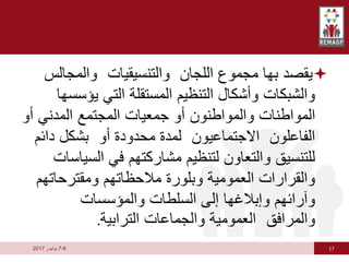 17
6
-
7
‫يوليوز‬
2017

‫اللجان‬ ‫مجموع‬ ‫بها‬ ‫يقصد‬
‫والتنسيقيات‬
‫والمجال‬
‫س‬
‫يؤس‬ ‫التي‬ ‫المستقلة‬ ‫التنظيم‬ ‫وأشكال‬ ‫والشبكات‬
‫سها‬
‫أ‬ ‫المدني‬ ‫المجتمع‬ ‫جمعيات‬ ‫أو‬ ‫والمواطنون‬ ‫المواطنات‬
‫و‬
‫الفاعلون‬
‫االجتماعيون‬
‫أو‬ ‫محدودة‬ ‫لمدة‬
‫دائ‬ ‫بشكل‬
‫م‬
‫الس‬ ‫في‬ ‫مشاركتهم‬ ‫لتنظيم‬ ‫والتعاون‬ ‫للتنسيق‬
‫ياسات‬
‫ومقترحاته‬ ‫مالحظاتهم‬ ‫وبلورة‬ ‫العمومية‬ ‫والقرارات‬
‫م‬
‫والمؤسسات‬ ‫السلطات‬ ‫إلى‬ ‫وإبالغها‬ ‫وآرائهم‬
‫والمرافق‬
‫الترابية‬ ‫والجماعات‬ ‫العمومية‬
.
 