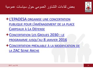 37
6
-
7
‫يوليوز‬
2017
‫عمومية‬ ‫سياسات‬ ‫حول‬ ‫العمومي‬ ‫التشاور‬ ‫لقاءات‬ ‫بعض‬
L’EPADESA ORGANISE UNE CONCERTATION
PUBLIQUE POUR L’AMÉNAGEMENT DE LA PLACE
CARPEAUX À LA DÉFENSE
CONCERTATION LES GROUES 2030 : LE
PROGRAMME JUSQU'AU 8 JANVIER 2016
CONCERTATION PRÉALABLE À LA MODIFICATION DE
LA ZAC SEINE ARCHE
 