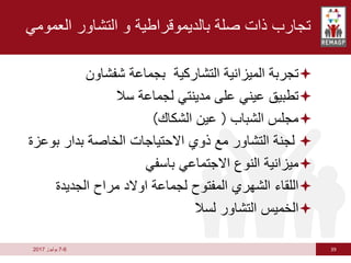 39
6
-
7
‫يوليوز‬
2017
‫العمومي‬ ‫التشاور‬ ‫و‬ ‫بالديموقراطية‬ ‫صلة‬ ‫ذات‬ ‫تجارب‬

‫شفشاون‬ ‫بجماعة‬ ‫التشاركية‬ ‫الميزانية‬ ‫تجربة‬

‫سال‬ ‫لجماعة‬ ‫مدينتي‬ ‫على‬ ‫عيني‬ ‫تطبيق‬

‫الشباب‬ ‫مجلس‬
(
‫الشكاك‬ ‫عين‬
)

‫بو‬ ‫بدار‬ ‫الخاصة‬ ‫االحتياجات‬ ‫ذوي‬ ‫مع‬ ‫التشاور‬ ‫لجنة‬
‫عزة‬

‫باسفي‬ ‫االجتماعي‬ ‫النوع‬ ‫ميزانية‬

‫الجديدة‬ ‫مراح‬ ‫اوالد‬ ‫لجماعة‬ ‫المفتوح‬ ‫الشهري‬ ‫اللقاء‬

‫لسال‬ ‫التشاور‬ ‫الخميس‬
 