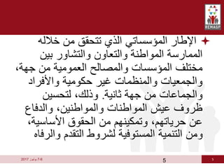 5
6
-
7
‫يوليوز‬
2017

‫خالله‬ ‫من‬ ‫تتحقق‬ ‫الذي‬ ‫المؤسساتي‬ ‫اإلطار‬
‫بين‬ ‫والتشاور‬ ‫والتعاون‬ ‫المواطنة‬ ‫الممارسة‬
‫جه‬ ‫من‬ ‫العمومية‬ ‫والمصالح‬ ‫المؤسسات‬ ‫مختلف‬
،‫ة‬
‫واألفراد‬ ‫حكومية‬ ‫غير‬ ‫والمنظمات‬ ‫والجمعيات‬
‫ثانية‬ ‫جهة‬ ‫من‬ ‫والجماعات‬
.
‫لتحسين‬ ،‫وذلك‬
‫والدفاع‬ ،‫والمواطنين‬ ‫المواطنات‬ ‫عيش‬ ‫ظروف‬
‫األساسية‬ ‫الحقوق‬ ‫من‬ ‫وتمكينهم‬ ،‫حرياتهم‬ ‫عن‬
،
‫وال‬ ‫التقدم‬ ‫لشروط‬ ‫المستوفية‬ ‫التنمية‬ ‫ومن‬
‫رفاه‬
5
 