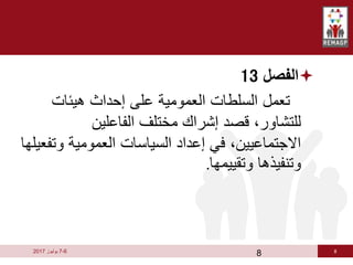 8
6
-
7
‫يوليوز‬
2017

‫الفصل‬
13
‫هيئات‬ ‫إحداث‬ ‫على‬ ‫العمومية‬ ‫السلطات‬ ‫تعمل‬
‫الفاعلين‬ ‫مختلف‬ ‫إشراك‬ ‫قصد‬ ،‫للتشاور‬
‫وت‬ ‫العمومية‬ ‫السياسات‬ ‫إعداد‬ ‫في‬ ،‫االجتماعيين‬
‫فعيلها‬
‫وتقييمها‬ ‫وتنفيذها‬
.
8
 