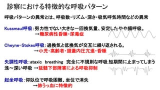 診察における特徴的な呼吸パターン（その他用語）
Kussmaul呼吸
Cheyne-Stokes呼吸
失調性呼吸
Biot呼吸
群発呼吸cluster breathing
陥没呼吸
シーソー呼吸
振り子呼吸
動揺呼吸
起座呼吸 orthpnea
 