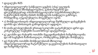 • დავალება N25
• ინდივიდუალური სასწავლო გეგმის (ისგ) ჯგუფის
შეხვედრისას მნიშვნელოვანია, განისაზღვროს და
დოკუმენტურად აისახოსსპეციალური საგანმანათლებლო
საჭიროების მქონე (სსსმ) მოსწავლის სასწავლო განრიგი,
რომელშიც აუცილებელია მოცემული იყოს:
• ა) მოსწავლისთვის ინდივიდუალურად შერჩეული დასვენების
ფორმა და ამისათვის გამოყოფილი ადგილი.
• ბ) თანაკლასელებთან ერთად სკოლაში გატარებული დრო და
კონკრეტულ საგნებში საათობრივი დატვირთვა.
• გ) კლასში და რესურს ოთახში მეცადინეობების ხანგრძლივობა
და იმ საგნების ჩამონათვალი, რომლებსაც ესწრება მოსწავლე.
• დ) რესურს ოთახში მოსწავლესთან მხოლოდ
ინდივიდუალურად ჩატარებული გაკვეთილების ჩამონათვალი
და ხანგრძლივობა.
გ)
80
შედგენილია მარინე რეხვიაშვილის მიერ
 