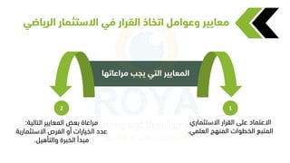 ‫الرياض‬ ‫االستثمار‬ ‫في‬ ‫القرار‬ ‫اتخاذ‬ ‫وعوامل‬ ‫معايير‬
‫ي‬
‫مراعاتها‬ ‫يجب‬ ‫التي‬ ‫المعايير‬
‫االستثماري‬ ‫القرار‬ ‫عقى‬ ‫االعتماد‬
‫قمي‬ ‫ال‬ ‫المنهج‬ ‫الخطمار‬ ‫المتبع‬
.
‫التالية‬ ‫ايير‬ ‫الم‬ ‫ض‬ ‫راعاة‬
:
‫االستثمارية‬ ‫الفرص‬ ‫اك‬ ‫الخيارار‬ ‫عدد‬
‫كالتأهيل‬ ‫الخبرة‬ ‫بدا‬
.
1
2
 