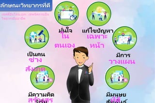 มีความคิด
่
สร้างสร
เป็ นคน
ช่าง
สังเกต
มั่นใจ
ใน
ตนเอง
แก้ไขปัญหา
เฉพาะ
หน้า
วางแผน
ที่ดี
มีมนุษย
ที่ดี
มีการ
ณลักษณะวิทยากรที่ดี
เซฟตี้อินไทย.com : เทคนิคการเป็น
วิทยากรมืออาชีพ
 