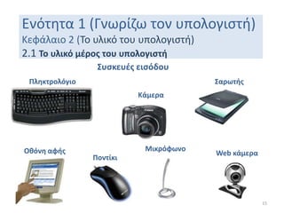 Ενότητα 1 (Γνωρίζω τον υπολογιστή)
Κεφάλαιο 2 (Το υλικό του υπολογιστή)
2.1 Το υλικό μέρος του υπολογιστή
15
Συσκευές εισόδου
Πληκτρολόγιο
Ποντίκι
Σαρωτής
Μικρόφωνο
Οθόνη αφής
Κάμερα
Web κάμερα
 