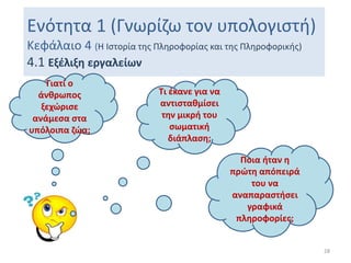 Ενότητα 1 (Γνωρίζω τον υπολογιστή)
Κεφάλαιο 4 (Η Ιστορία της Πληροφορίας και της Πληροφορικής)
4.1 Εξέλιξη εργαλείων
28
Γιατί ο
άνθρωπος
ξεχώρισε
ανάμεσα στα
υπόλοιπα ζώα;
Τι έκανε για να
αντισταθμίσει
την μικρή του
σωματική
διάπλαση;
Ποια ήταν η
πρώτη απόπειρά
του να
αναπαραστήσει
γραφικά
πληροφορίες;
 