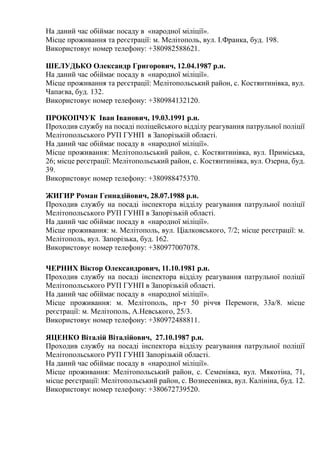 На даний час обіймає посаду в «народної міліції».
Місце проживання та реєстрації: м. Мелітополь, вул. І.Франка, буд. 198.
Використовує номер телефону: +380982588621.
ШЕЛУДЬКО Олександр Григорович, 12.04.1987 р.н.
На даний час обіймає посаду в «народної міліції».
Місце проживання та реєстрації: Мелітопольський район, с. Костянтинівка, вул.
Чапаєва, буд. 132.
Використовує номер телефону: +380984132120.
ПРОКОПЧУК Іван Іванович, 19.03.1991 р.н.
Проходив службу на посаді поліцейського відділу реагування патрульної поліції
Мелітопольського РУП ГУНП в Запорізькій області.
На даний час обіймає посаду в «народної міліції».
Місце проживання: Мелітопольський район, с. Костянтинівка, вул. Приміська,
26; місце реєстрації: Мелітопольський район, с. Костянтинівка, вул. Озерна, буд.
39.
Використовує номер телефону: +380988475370.
ЖИГИР Роман Геннадійович, 28.07.1988 р.н.
Проходив службу на посаді інспектора відділу реагування патрульної поліції
Мелітопольського РУП ГУНП в Запорізькій області.
На даний час обіймає посаду в «народної міліції».
Місце проживання: м. Мелітополь, вул. Ціалковського, 7/2; місце реєстрації: м.
Мелітополь, вул. Запорізька, буд. 162.
Використовує номер телефону: +380977007078.
ЧЕРНИХ Віктор Олександрович, 11.10.1981 р.н.
Проходив службу на посаді інспектора відділу реагування патрульної поліції
Мелітопольського РУП ГУНП в Запорізькій області.
На даний час обіймає посаду в «народної міліції».
Місце проживання: м. Мелітополь, пр-т 50 річчя Перемоги, 33а/8. місце
реєстрації: м. Мелітополь, А.Невського, 25/3.
Використовує номер телефону: +380972488811.
ЯЦЕНКО Віталій Віталійович, 27.10.1987 р.н.
Проходив службу на посаді інспектора відділу реагування патрульної поліції
Мелітопольського РУП ГУНП Запорізькій області.
На даний час обіймає посаду в «народної міліції».
Місце проживання: Мелітопольський район, с. Семенівка, вул. Мякотіна, 71,
місце реєстрації: Мелітопольський район, с. Вознесенівка, вул. Калініна, буд. 12.
Використовує номер телефону: +380672739520.
 