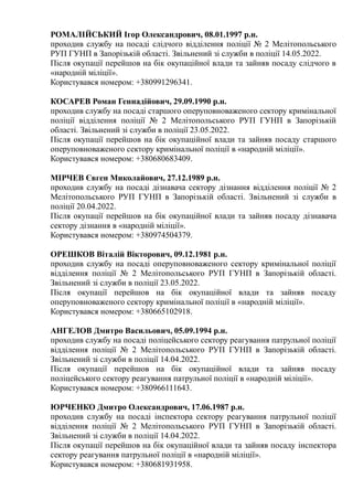 РОМАЛІЙСЬКИЙ Ігор Олександрович, 08.01.1997 р.н.
проходив службу на посаді слідчого відділення поліції № 2 Мелітопольського
РУП ГУНП в Запорізькій області. Звільнений зі служби в поліції 14.05.2022.
Після окупації перейшов на бік окупаційної влади та зайняв посаду слідчого в
«народній міліції».
Користувався номером: +380991296341.
КОСАРЕВ Роман Геннадійович, 29.09.1990 р.н.
проходив службу на посаді старшого оперуповноваженого сектору кримінальної
поліції відділення поліції № 2 Мелітопольського РУП ГУНП в Запорізькій
області. Звільнений зі служби в поліції 23.05.2022.
Після окупації перейшов на бік окупаційної влади та зайняв посаду старшого
оперуповноваженого сектору кримінальної поліції в «народній міліції».
Користувався номером: +380680683409.
МІРЧЕВ Євген Миколайович, 27.12.1989 р.н.
проходив службу на посаді дізнавача сектору дізнання відділення поліції № 2
Мелітопольського РУП ГУНП в Запорізькій області. Звільнений зі служби в
поліції 20.04.2022.
Після окупації перейшов на бік окупаційної влади та зайняв посаду дізнавача
сектору дізнання в «народній міліції».
Користувався номером: +380974504379.
ОРЕШКОВ Віталій Вікторович, 09.12.1981 р.н.
проходив службу на посаді оперуповноваженого сектору кримінальної поліції
відділення поліції № 2 Мелітопольського РУП ГУНП в Запорізькій області.
Звільнений зі служби в поліції 23.05.2022.
Після окупації перейшов на бік окупаційної влади та зайняв посаду
оперуповноваженого сектору кримінальної поліції в «народній міліції».
Користувався номером: +380665102918.
АНГЕЛОВ Дмитро Васильович, 05.09.1994 р.н.
проходив службу на посаді поліцейського сектору реагування патрульної поліції
відділення поліції № 2 Мелітопольського РУП ГУНП в Запорізькій області.
Звільнений зі служби в поліції 14.04.2022.
Після окупації перейшов на бік окупаційної влади та зайняв посаду
поліцейського сектору реагування патрульної поліції в «народній міліції».
Користувався номером: +380966111643.
ЮРЧЕНКО Дмитро Олександрович, 17.06.1987 р.н.
проходив службу на посаді інспектора сектору реагування патрульної поліції
відділення поліції № 2 Мелітопольського РУП ГУНП в Запорізькій області.
Звільнений зі служби в поліції 14.04.2022.
Після окупації перейшов на бік окупаційної влади та зайняв посаду інспектора
сектору реагування патрульної поліції в «народній міліції».
Користувався номером: +380681931958.
 