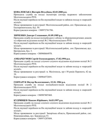 КОВАЛЕВСЬКА Вікторія Віталіївна, 02.03.2000 р.н.
Проходила службу на посаді інспектора сектору кадрового забезпечення
Мелітопольського РУП.
Після окупації перейшла на бік окупаційної влади та зайняла посаду в «народній
міліції».
Місце проживання та реєстрації: Мелітопольський район, смт. Приазовське, вул.
Експерементальна, буд. 50.
Користувалася номером: +380972761786.
ЗІНЧЕНКО Дмитро Степанович, 01.09.1989 р.н.
Проходив службу на посаді поліцейського з обліку та збереження речових доказів
та озброєння відділення поліції № 2 Мелітопольського РУП.
Після окупації перейшов на бік окупаційної влади та зайняв посаду в «народній
міліції».
Місце проживання та реєстрації: Мелітопольський район, смт. Приазовське, вул.
Центральна, буд. 3.
Користувався номером: +380960664970.
АМБАРЦУМОВ Сергій Олександрович, 17.02.1994 р.н.
Проходив службу на посаді слідчого слідчого відділення відділення поліції № 2
Мелітопольського РУП.
Після окупації перейшов на бік окупаційної влади та зайняв посаду в «народній
міліції».
Місце проживання та реєстрації: м. Мелітополь, пр-т 50 років Перемоги, 42 кв.
39.
Користувався номером: +380964572691.
ГОНЧАРУК Віктор Валентинович, 15.10. 1984 р.н.
Проходив службу на посаді поліцейского-водія відділення поліції № 2
Мелітопольського РУП.
Після окупації перейшов на бік окупаційної влади та зайняв посаду в «народній
міліції».
Користувався номером: +380987807468.
КУДРЯВЦЕВ Максим Юрійович, 16.03.1997 р.н.
Проходив службу на посаді слідчого слідчого відділення відділення поліції № 2
Мелітопольського РУП.
Після окупації перейшов на бік окупаційної влади та зайняв посаду в «народній
міліції».
Місце проживання та реєстрації: Запорізька область, Приазовський район, смт.
Новомиколаївка, вул. Бердянська 53.
Користувався номером: +380971207604.
 