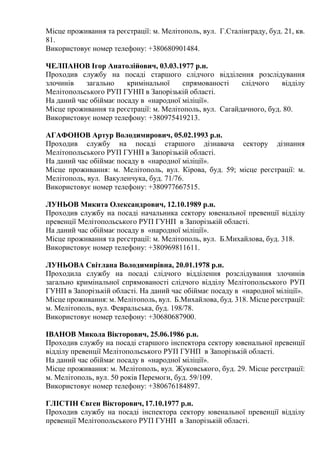 Місце проживання та реєстрації: м. Мелітополь, вул. Г.Сталінграду, буд. 21, кв.
81.
Використовує номер телефону: +380680901484.
ЧЕЛПАНОВ Ігор Анатолійович, 03.03.1977 р.н.
Проходив службу на посаді старшого слідчого відділення розслідування
злочинів загально кримінальної спрямованості слідчого відділу
Мелітопольського РУП ГУНП в Запорізькій області.
На даний час обіймає посаду в «народної міліції».
Місце проживання та реєстрації: м. Мелітополь, вул. Сагайдачного, буд. 80.
Використовує номер телефону: +380975419213.
АГАФОНОВ Артур Володимирович, 05.02.1993 р.н.
Проходив службу на посаді старшого дізнавача сектору дізнання
Мелітопольського РУП ГУНП в Запорізькій області.
На даний час обіймає посаду в «народної міліції».
Місце проживання: м. Мелітополь, вул. Кірова, буд. 59; місце реєстрації: м.
Мелітополь, вул. Вакуленчука, буд. 71/76.
Використовує номер телефону: +380977667515.
ЛУНЬОВ Микита Олександрович, 12.10.1989 р.н.
Проходив службу на посаді начальника сектору ювенальної превенції відділу
превенції Мелітопольського РУП ГУНП в Запорізькій області.
На даний час обіймає посаду в «народної міліції».
Місце проживання та реєстрації: м. Мелітополь, вул. Б.Михайлова, буд. 318.
Використовує номер телефону: +380969811611.
ЛУНЬОВА Світлана Володимирівна, 20.01.1978 р.н.
Проходила службу на посаді слідчого відділення розслідування злочинів
загально кримінальної спрямованості слідчого відділу Мелітопольського РУП
ГУНП в Запорізькій області. На даний час обіймає посаду в «народної міліції».
Місце проживання: м. Мелітополь, вул. Б.Михайлова, буд. 318. Місце реєстрації:
м. Мелітополь, вул. Февральська, буд. 198/78.
Використовує номер телефону: +30680687900.
ІВАНОВ Микола Вікторович, 25.06.1986 р.н.
Проходив службу на посаді старшого інспектора сектору ювенальної превенції
відділу превенції Мелітопольського РУП ГУНП в Запорізькій області.
На даний час обіймає посаду в «народної міліції».
Місце проживання: м. Мелітополь, вул. Жуковського, буд. 29. Місце реєстрації:
м. Мелітополь, вул. 50 років Перемоги, буд. 59/109.
Використовує номер телефону: +380676184897.
ГЛІСТІН Євген Вікторович, 17.10.1977 р.н.
Проходив службу на посаді інспектора сектору ювенальної превенції відділу
превенції Мелітопольського РУП ГУНП в Запорізькій області.
 