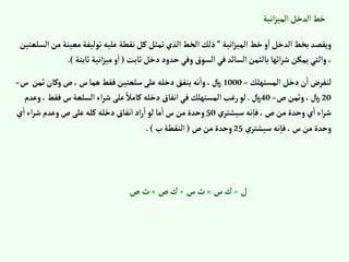 ‫إنية‬‫ز‬‫إلمي‬‫إلدخل‬‫خط‬
‫إنية‬‫ز‬‫إلمي‬‫خط‬‫و‬‫إ‬‫إلدخل‬‫بخط‬‫ويقصد‬
”
‫معي‬‫توليفة‬‫عليه‬‫نقطة‬‫كل‬‫تمثل‬‫إلذي‬‫إلخط‬‫ذلك‬
‫إلسلعتين‬‫من‬‫نة‬
‫ثابت‬‫دخل‬‫حدود‬‫وفي‬‫إلسوق‬‫في‬‫إلسائد‬‫بالثمن‬‫إئها‬‫ر‬‫ش‬‫يمكن‬‫وإلتي‬،
(
‫ثابتة‬‫إنية‬‫ز‬‫مي‬‫و‬‫إ‬
)
.
‫إلمستهلك‬‫دخل‬‫ن‬‫إ‬‫لنفرض‬
=
1000
‫ث‬‫وكان‬‫ص‬،‫س‬‫هما‬‫فقط‬‫سلعتين‬‫على‬ ‫دخله‬‫ينفق‬‫نه‬‫وإ‬،‫لاير‬
‫س‬ ‫من‬
=
20
‫ص‬‫وثمن‬،‫لاير‬
=
40
‫لاير‬
.
‫ف‬‫س‬‫إلسلعة‬‫إء‬‫ر‬‫ش‬‫على‬ ً‫كامال‬‫دخله‬‫إنفاق‬‫في‬‫إلمستهلك‬‫رغب‬‫لو‬
‫وعدم‬،‫قط‬
‫سيشتري‬‫نه‬‫فا‬، ‫ص‬‫من‬ ‫وحدة‬‫ي‬‫إ‬‫إء‬‫ر‬‫ش‬
50
‫ي‬‫إ‬‫إء‬‫ر‬‫ش‬‫وعدم‬‫ص‬‫على‬‫كله‬ ‫دخله‬‫إنفاق‬‫إد‬‫ر‬‫إ‬‫لو‬‫ما‬‫إ‬‫س‬‫من‬ ‫وحدة‬
‫سيشتري‬‫نه‬‫فا‬،‫س‬‫من‬ ‫وحدة‬
25
‫ص‬‫من‬ ‫وحدة‬
(
‫ب‬‫إلنقطة‬
.)
‫ل‬
=
‫س‬‫ك‬
×
‫س‬‫ث‬
+
‫ص‬‫ك‬
×
‫ص‬‫ث‬
 