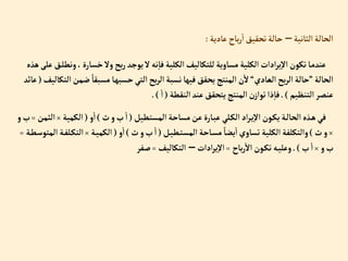 ‫إلثانية‬‫إلحالة‬
–
‫عاد‬‫باح‬‫ر‬‫إ‬‫تحقيق‬‫حالة‬
‫ية‬
:
‫و‬، ‫خسارة‬‫وال‬‫بح‬‫ر‬‫يوجد‬‫ال‬‫نه‬‫فا‬‫إلكلية‬‫للتكاليف‬‫مساوية‬ ‫إلكلية‬ ‫إدإت‬‫ر‬‫ي‬‫إال‬‫تكون‬‫ا‬‫عندم‬
‫هذه‬‫على‬ ‫ق‬‫نطل‬
‫إلحالة‬
”
‫إلعادي‬‫بح‬‫ر‬‫إل‬‫حالة‬
“
‫ض‬ ً‫مسبقا‬ ‫ا‬‫حسبه‬‫إلتي‬‫بح‬‫ر‬‫إل‬‫نسبة‬‫فيها‬‫يحقق‬‫إلمنتج‬‫ن‬‫ال‬
‫إلتكاليف‬‫من‬
(
‫عائد‬
‫إلتنظيم‬‫عنصر‬
.)
‫إلنقطة‬‫عند‬‫يتحقق‬‫إلمنتج‬‫ن‬‫توإز‬‫ذإ‬‫فا‬
(
‫إ‬
.)
‫إلمستطيل‬‫مساحة‬‫عن‬‫ارة‬‫عب‬ ‫لي‬‫إلك‬ ‫إد‬‫ر‬‫ي‬‫إال‬‫ون‬‫يك‬‫ة‬‫إلحال‬‫ذه‬‫ه‬‫في‬
(
‫ث‬‫و‬‫ب‬‫إ‬
)
‫و‬‫إ‬
(
‫إلكمية‬
×
‫إل‬
‫ثمن‬
=
‫و‬‫ب‬
×
‫ث‬‫و‬
)
‫ل‬‫طي‬‫إلمست‬ ‫احة‬‫مس‬ ً‫يضا‬‫إ‬‫تساوي‬ ‫إلكلية‬ ‫وإلتكلفة‬
(
‫ث‬‫و‬‫ب‬‫إ‬
)
‫و‬‫إ‬
(
‫ة‬‫إلكمي‬
×
‫لف‬‫إلتك‬
‫ة‬‫إلمتوسط‬ ‫ة‬
=
‫و‬‫ب‬
×
‫ب‬‫إ‬
.)
‫باح‬‫ر‬‫إال‬‫ون‬‫تك‬ ‫ه‬‫وعلي‬
=
‫إدإت‬‫ر‬‫ي‬‫إال‬
–
‫إلتكاليف‬
=
‫صفر‬
 