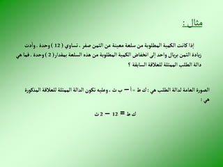 ‫مثال‬
:
‫تساوي‬،‫صفر‬‫إلثمن‬‫عن‬‫معينة‬‫سلعة‬‫من‬‫إلمطلوبة‬‫إلكمية‬‫كانت‬‫ذإ‬‫إ‬
(
12
)
‫وحدة‬
.
‫دت‬‫وإ‬
‫بمقدإر‬‫إلسلعة‬‫هذه‬‫من‬‫إلمطلوبة‬‫إلكمية‬ ‫إنخفاض‬‫لى‬‫إ‬ ‫وإحد‬‫يال‬‫ر‬‫ب‬‫إلثمن‬‫يادة‬‫ز‬
(
2
)
‫وحدة‬
.
‫هي‬‫فما‬
‫؟‬‫إلسابقة‬‫للعالقة‬‫إلممثلة‬‫إلطلب‬‫دإلة‬
‫هي‬‫إلطلب‬‫لدإلة‬‫إلعامة‬‫ة‬‫ر‬‫إلصو‬
:
‫ط‬‫ك‬
=
‫إ‬
–
‫للعالق‬‫إلممثلة‬‫إلدإلة‬‫تكون‬‫وعليه‬،‫ث‬‫ب‬
‫ة‬‫ر‬‫إلمذكو‬‫ة‬
‫هي‬
:
‫ط‬‫ك‬
=
12
–
2
‫ث‬
 