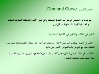 ‫الطلب‬‫منحنى‬
Demand Curve
:
‫إلمختلف‬‫ثمان‬‫إال‬‫تمثل‬‫وإلتي‬‫إلمختلفة‬‫إلنقاط‬‫بين‬‫إلوإصل‬‫إلمنحنى‬‫عن‬‫عبارة‬‫هو‬
‫للسلعة‬‫إلمفترضة‬‫ة‬
‫ثمن‬‫كل‬‫عند‬‫إلمطلوبة‬‫وإلكميات‬‫إلخدمة‬‫و‬‫إ‬
.
‫المطلوبة‬ ‫الكمية‬‫في‬‫والتغير‬‫الطلب‬‫في‬‫التغير‬
‫إلطل‬‫منحنى‬‫على‬ ‫خرى‬‫إ‬‫لى‬‫إ‬‫نقطة‬‫من‬ ‫إالنتقال‬‫يعني‬‫نما‬‫إ‬‫إلمطلوبة‬‫إلكمية‬‫في‬‫إلتغير‬
‫ثمن‬‫لتغير‬‫نتيجة‬‫ب‬
‫إلسلعة‬
.
‫حالها‬‫على‬ ‫خرى‬‫إال‬‫إلعوإمل‬‫ثبات‬‫إض‬‫ر‬‫إفت‬‫مع‬‫هذإ‬
.
‫عن‬‫إليمين‬ ‫جهة‬‫مكانه‬‫من‬‫كمله‬‫با‬‫إلطلب‬‫منحنى‬ ‫إنتقال‬‫فيعني‬‫إلطلب‬‫في‬‫إلتغير‬‫ما‬‫إ‬
‫و‬‫إ‬‫إلطلب‬‫يد‬‫ز‬‫ي‬‫دما‬
‫إلطلب‬‫ينخفض‬‫عندما‬‫إليسار‬‫جهة‬
.
 