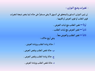 -
‫ن‬‫إلتوإز‬‫وضع‬‫إت‬‫ر‬‫تغي‬
:
‫يتغ‬‫نما‬‫إ‬‫حاله‬‫على‬ ً‫إ‬‫ر‬‫مستق‬‫يبقى‬‫ال‬‫إلسوق‬‫في‬‫وإلمتحقق‬‫إلسابق‬‫ن‬‫إلتوإز‬‫ثمن‬‫ن‬‫إ‬
‫إت‬‫ر‬‫لتغي‬‫نتيجة‬‫ير‬
‫كليهما‬‫و‬‫إ‬‫إلعرض‬‫قوى‬‫و‬‫إ‬‫إلطلب‬‫قوى‬
.
ً‫وال‬‫إ‬
–
‫إلعرض‬‫ثبات‬ ‫مع‬‫إلطلب‬‫تغير‬
.
ً‫ثانيا‬
–
‫إلطلب‬‫ثبات‬‫مع‬‫إلعرض‬‫تغير‬
.
ً‫ثالثا‬
–
ً‫معا‬‫وإلعرض‬‫إلطلب‬‫تغير‬
.
‫حاالت‬‫بع‬‫ر‬‫إ‬‫وهي‬
:
‫إ‬
.
‫إلعرض‬‫يادة‬‫ز‬‫و‬‫إلطلب‬‫يادة‬‫ز‬‫حالة‬
.
‫ب‬
.
‫إلعرض‬‫ونقص‬‫إلطلب‬‫نقص‬‫حالة‬
.
‫ج‬
.
‫إلعرض‬‫ونقص‬‫إلطلب‬‫يادة‬‫ز‬‫حالة‬
.
‫د‬
.
‫إلعرض‬‫يادة‬‫ز‬‫و‬‫إلطلب‬‫نقص‬‫حالة‬
.
 