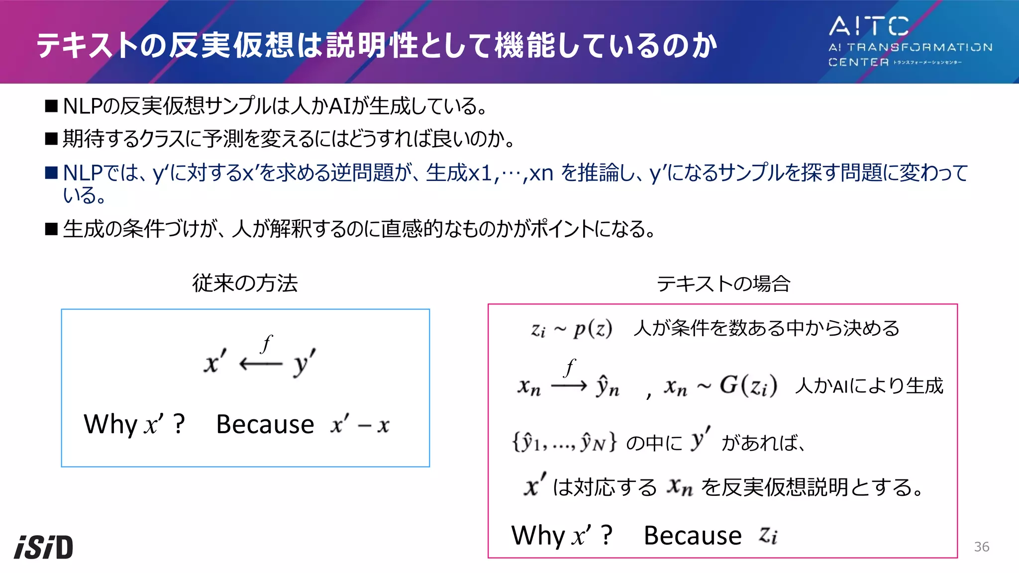 n NLPの反実仮想サンプルは⼈かAIが⽣成している。
n 期待するクラスに予測を変えるにはどうすれば良いのか。
n NLPでは、yʻに対するxʼを求める逆問題が、⽣成x1,…,xn を推論し、yʼになるサンプルを探す問題に変わって
いる。
n ⽣成の条件づけが、⼈が解釈するのに直感的なものかがポイントになる。
テキストの反実仮想は説明性として機能しているのか
Why x’ ? Because
f
⼈が条件を数ある中から決める
⼈かAIにより⽣成
f
,
は対応する を反実仮想説明とする。
Why x’ ? Because
の中に があれば、
従来の⽅法 テキストの場合
36
 