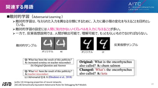 nѧAdversarial Learning 
?ѧϡ뤨줿??򮐤ʤˤ뤿ˡ???ޤΉ仯뤨뤳Ȥ?ĤȤ
Ƥ롣
?ѧOˤ?g˚ݸʤΥ٥??뤨뤳Ȥत
???ǡghǤϡ?gʳܤǡܤǡäȤ餷ΤǤʤФʤʤ
vB?Z
ꥸʥ CF
ꥸʥ AE
[arXiv 13] Intriguing properties of neural networks
[ACL18] Semantically Equivalent Adversarial Rules for Debugging NLP Models
ĥץ g륵ץ
18
 