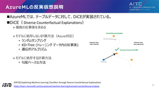 nAzureMLǤϡƩ`֥ǩ`ˌơDiCEgװƤ롣
nDiCE Diverse Counterfactual Explanations
?}ηg
?ǥ椷ʤӋ?Azure꣩
? ॵץ
? KD-Tree (ȥ`˥ ǩ`ڤηg)
? zĥ르ꥺ
?ǥ椹Ӌ?
? ٩`?
AzureMLηgh
https://learn.microsoft.com/ja-jp/azure/machine-learning/concept-counterfactual-analysis
[FAT20] Explaining Machine Learning Classifiers through Diverse Counterfactual Explanations
21
 
