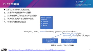 n ¤Τ褦˺g˶xǤ롣
1. ǩ`Փǥxk
2. g륵ץ?xk
3. FgĤˉܤ؏դO
4. ؏դοɄIO
DiCEΌgװ
https://github.com/interpretml/DiCE/blob/master/docs/source/notebooks/DiCE_getting_started.ipynb
ߥ`ȥꥢ뤫i
22
 