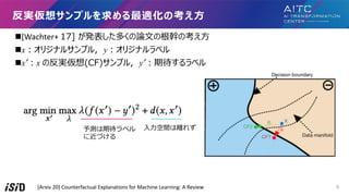 n[Wachter+ 17] kयՓ?θ֤ο?
nx?ꥸʥ륵ץ, y?ꥸʥ٥
nx??x ηg(CF)ץ, y??ڴ٥
g륵ץmο?
??gx줺
yڴ٥
˽Ť
[Arxiv 20] Counterfactual Explanations for Machine Learning: A Review 8
 