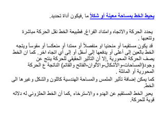 ‫ا‬‫ال‬‫شك‬ ‫أو‬ ‫معينة‬ ‫بمساحة‬ ‫الخط‬ ‫يحيط‬
‫ما‬
,
‫تحديد‬ ‫أداة‬ ‫فيكون‬
.
‫الفراغ‬ ‫وامتداد‬ ‫واالتجاه‬ ‫الحركة‬ ‫يحدد‬
,
‫مباش‬ ‫الحركة‬ ‫نقل‬ ‫الخط‬ ‫فطبيعة‬
‫رة‬
‫وتتعبها‬
.
‫مقوس‬ ‫أو‬ ‫منعكسا‬ ‫أو‬ ‫ممتدا‬ ‫أو‬ ً‫ال‬‫منفص‬ ‫او‬ ‫منحنيا‬ ‫أو‬ ‫مستقيما‬ ‫يكون‬ ‫قد‬
‫ويتجه‬ ً‫ا‬
‫اخر‬ ‫اتجاه‬ ‫أي‬ ‫إلى‬ ‫أو‬ ‫أسفل‬ ‫إلى‬ ‫يدفعها‬ ‫أو‬ ‫أعلى‬ ‫إلى‬ ‫بالعين‬ ‫الخط‬
.
‫ان‬ ‫كما‬
‫الخط‬
‫المحورية‬ ‫الحركة‬ ‫يصف‬
,
‫عن‬ ‫ينتج‬ ‫للحركة‬ ‫الحقيقي‬ ‫التأثير‬ ‫أن‬ ‫إال‬
‫وجود‬
(
‫المساحات‬
-
‫واألشكال‬
-
‫واأللوان‬
-
‫والقاتم‬ ‫الفاتح‬
)
‫الحركة‬ ‫ع‬ ‫الناتجة‬
‫المائلة‬ ‫أو‬ ‫المحورية‬
.
‫كما‬
‫وغ‬ ‫والشكل‬ ‫كاللون‬ ‫الهندسية‬ ‫والمساحة‬ ‫الملمس‬ ‫تأثير‬ ‫إضافة‬ ‫يمكن‬
‫الى‬ ‫يرها‬
‫الخط‬
.
‫المستقيم‬ ‫الخط‬ ‫يعبر‬
‫ع‬
‫ن‬
‫واالسترخاء‬ ‫الهدوء‬
,
‫ل‬ ‫الحلزوني‬ ‫الخط‬ ‫أن‬ ‫كما‬
‫دالله‬ ‫ه‬
‫للحركة‬ ‫قوية‬
.
 