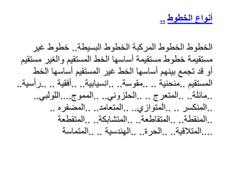 ‫الخطوط‬ ‫أنواع‬
..
‫الخطوط‬
‫البسيطة‬ ‫الخطوط‬ ‫المركبة‬ ‫الخطوط‬
..
‫غير‬ ‫خطوط‬
‫والغير‬ ‫المستقيم‬ ‫الخط‬ ‫أساسها‬ ‫مستقيمة‬ ‫خطوط‬ ‫مستقيمة‬
‫مستقيم‬
‫الخ‬ ‫أساسها‬ ‫المستقيم‬ ‫غير‬ ‫الخط‬ ‫أساسها‬ ‫بينهم‬ ‫تجمع‬ ‫قد‬ ‫أو‬
‫ط‬
‫المستقيم‬
..
‫منحنية‬
.. ..
‫مقوسة‬
.. ..
‫انسيابية‬
.. ..
‫أفقية‬
. ..
.
‫رأسية‬
..
..
‫مائلة‬
.. ..
‫المتعرج‬
.. ..
‫الحلزوني‬
.. ..
‫المموج‬
....
‫اللولبي‬
..
..
‫المنكسر‬
.. ..
‫المتوازي‬
.. ..
‫المتعامد‬
.. ..
‫المضفره‬
..
..
‫المنقطة‬
.. ..
‫المتقاطعة‬
.. ..
‫المتشابكة‬
.. ..
‫المتقطعة‬
....
‫المتالقية‬
.. ..
‫الحرة‬
.. ..
‫الهندسية‬
.. ..
‫المتماسة‬
 
