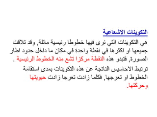 ‫االشعاعية‬ ‫التكوينات‬
‫مائلة‬ ‫رئيسية‬ ‫خطوطا‬ ‫فيها‬ ‫نرى‬ ‫التي‬ ‫التكوينات‬ ‫هي‬
,
‫وق‬
‫تالقت‬ ‫د‬
‫اطار‬ ‫حدود‬ ‫داخل‬ ‫ما‬ ‫مكان‬ ‫في‬ ‫واحدة‬ ‫نقطة‬ ‫في‬ ‫اكثرها‬ ‫او‬ ‫جميعها‬
‫الصورة‬
,
‫هذه‬ ‫فتبدو‬
‫الرئي‬ ‫الخطوط‬ ‫منه‬ ‫تشع‬ ‫مركزا‬ ‫النقطة‬
‫سية‬
.
‫است‬ ‫بمدى‬ ‫التكوينات‬ ‫هذه‬ ‫عن‬ ‫الناتجة‬ ‫االحاسيس‬ ‫ترتبط‬
‫قامة‬
‫تعرجها‬ ‫او‬ ‫الخطوط‬
,
‫زادت‬ ‫تعرجا‬ ‫زادت‬ ‫فكلما‬
‫حيويتها‬
‫وحركتها‬
.
 