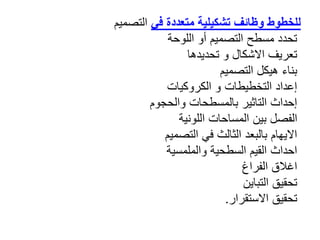 ‫متعددة‬ ‫تشكيلية‬ ‫وظائف‬ ‫للخطوط‬
‫في‬
‫التصميم‬
‫اللوحة‬ ‫أو‬ ‫التصميم‬ ‫مسطح‬ ‫تحدد‬
‫تعريف‬
‫تحديدها‬ ‫و‬ ‫االشكال‬
‫بناء‬
‫هيكل‬
‫التصميم‬
‫و‬ ‫التخطيطات‬ ‫إعداد‬
‫الكروكيات‬
‫بالمسطحات‬ ‫التاثير‬ ‫إحداث‬
‫والحجوم‬
‫اللونية‬ ‫المساحات‬ ‫بين‬ ‫الفصل‬
‫االيهام‬
‫التصميم‬ ‫في‬ ‫الثالث‬ ‫بالبعد‬
‫احداث‬
‫والملمسية‬ ‫السطحية‬ ‫القيم‬
‫اغالق‬
‫الفراغ‬
‫تحقيق‬
‫التباين‬
‫االستقرار‬ ‫تحقيق‬
.
 
