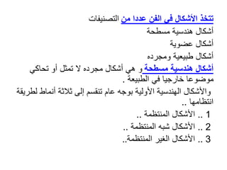 ‫من‬ ‫عددا‬ ‫الفن‬ ‫في‬ ‫األشكال‬ ‫تتخذ‬
‫التصنيفات‬
‫أشكال‬
‫هندسية‬
‫مسطحة‬
‫أشكال‬
‫عضوية‬
‫أشكال‬
‫ومجرده‬ ‫طبيعية‬
‫أشكال‬
‫مسطحة‬ ‫هندسية‬
‫تحاكي‬ ‫أو‬ ‫تمثل‬ ‫ال‬ ‫مجرده‬ ‫أشكال‬ ‫هي‬ ‫و‬
‫الطبيعة‬ ‫في‬ ‫خارجيا‬ ‫موضوعا‬
.
‫أنماط‬ ‫ثالثة‬ ‫إلى‬ ‫تنقسم‬ ‫عام‬ ‫بوجه‬ ‫األولية‬ ‫الهندسية‬ ‫واألشكال‬
‫لطريقة‬
‫انتظامها‬
..
1
..
‫المنتظمة‬ ‫األشكال‬
..
2
..
‫المنتظمة‬ ‫شبه‬ ‫األشكال‬
..
3
..
‫المنتظمة‬ ‫الغير‬ ‫األشكال‬
..
 