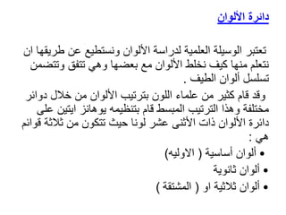 ‫دائرة‬
‫األلوان‬
‫تعتبر‬
‫ط‬ ‫عن‬ ‫ونستطيع‬ ‫األلوان‬ ‫لدراسة‬ ‫العلمية‬ ‫الوسيلة‬
‫ان‬ ‫ريقها‬
‫وت‬ ‫تتفق‬ ‫وهي‬ ‫بعضها‬ ‫مع‬ ‫األلوان‬ ‫نخلط‬ ‫كيف‬ ‫منها‬ ‫نتعلم‬
‫تضمن‬
‫الطيف‬ ‫ألوان‬ ‫تسلسل‬
.
‫د‬ ‫خالل‬ ‫من‬ ‫األلوان‬ ‫بترتيب‬ ‫اللون‬ ‫علماء‬ ‫من‬ ‫كثير‬ ‫قام‬ ‫وقد‬
‫وائر‬
‫ايت‬ ‫يوهانز‬ ‫بتنظيمه‬ ‫قام‬ ‫المبسط‬ ‫الترتيب‬ ‫وهذا‬ ‫مختلفة‬
‫على‬ ‫ين‬
‫ثالث‬ ‫من‬ ‫تتكون‬ ‫حيث‬ ‫لونا‬ ‫عشر‬ ‫األثنى‬ ‫ذات‬ ‫األلوان‬ ‫دائرة‬
‫قوائم‬ ‫ة‬
‫هي‬
:
•
‫أساسية‬ ‫ألوان‬
(
‫االوليه‬
)
•
‫ثانوية‬ ‫ألوان‬
•
‫او‬ ‫ثالثية‬ ‫ألوان‬
(
‫المشتقة‬
)
 