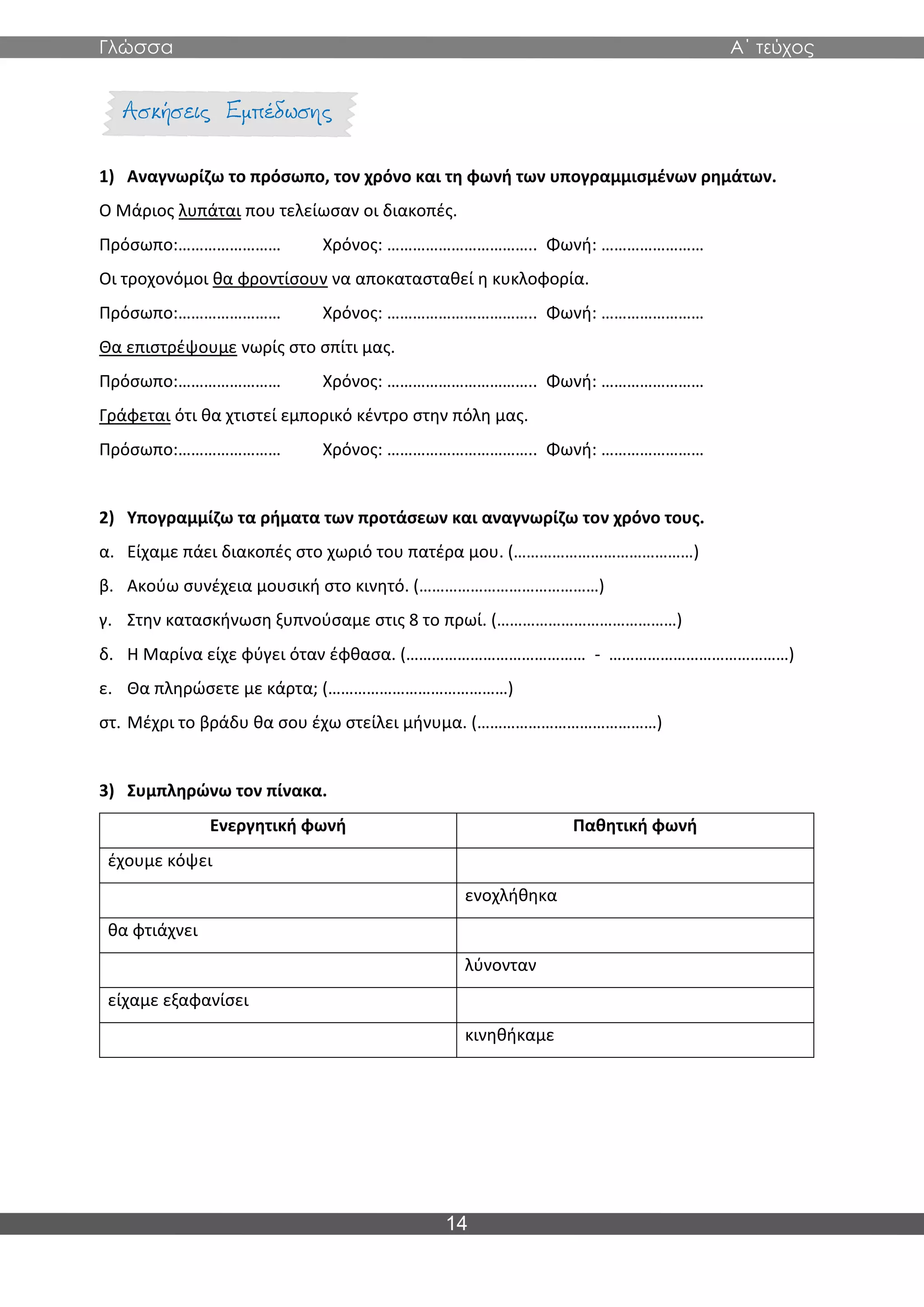 Γλώσσα Α΄ τεύχος
14
1) Αναγνωρίζω το πρόσωπο, τον χρόνο και τη φωνή των υπογραμμισμένων ρημάτων.
Ο Μάριος λυπάται που τελείωσαν οι διακοπές.
Πρόσωπο:…………………… Χρόνος: …………………………….. Φωνή: ……………………
Οι τροχονόμοι θα φροντίσουν να αποκατασταθεί η κυκλοφορία.
Πρόσωπο:…………………… Χρόνος: …………………………….. Φωνή: ……………………
Θα επιστρέψουμε νωρίς στο σπίτι μας.
Πρόσωπο:…………………… Χρόνος: …………………………….. Φωνή: ……………………
Γράφεται ότι θα χτιστεί εμπορικό κέντρο στην πόλη μας.
Πρόσωπο:…………………… Χρόνος: …………………………….. Φωνή: ……………………
2) Υπογραμμίζω τα ρήματα των προτάσεων και αναγνωρίζω τον χρόνο τους.
α. Είχαμε πάει διακοπές στο χωριό του πατέρα μου. (……………………………………)
β. Ακούω συνέχεια μουσική στο κινητό. (……………………………………)
γ. Στην κατασκήνωση ξυπνούσαμε στις 8 το πρωί. (……………………………………)
δ. H Μαρίνα είχε φύγει όταν έφθασα. (…………………………………… - ……………………………………)
ε. Θα πληρώσετε με κάρτα; (……………………………………)
στ. Μέχρι το βράδυ θα σου έχω στείλει μήνυμα. (……………………………………)
3) Συμπληρώνω τον πίνακα.
Ενεργητική φωνή Παθητική φωνή
έχουμε κόψει
ενοχλήθηκα
θα φτιάχνει
λύνονταν
είχαμε εξαφανίσει
κινηθήκαμε
 