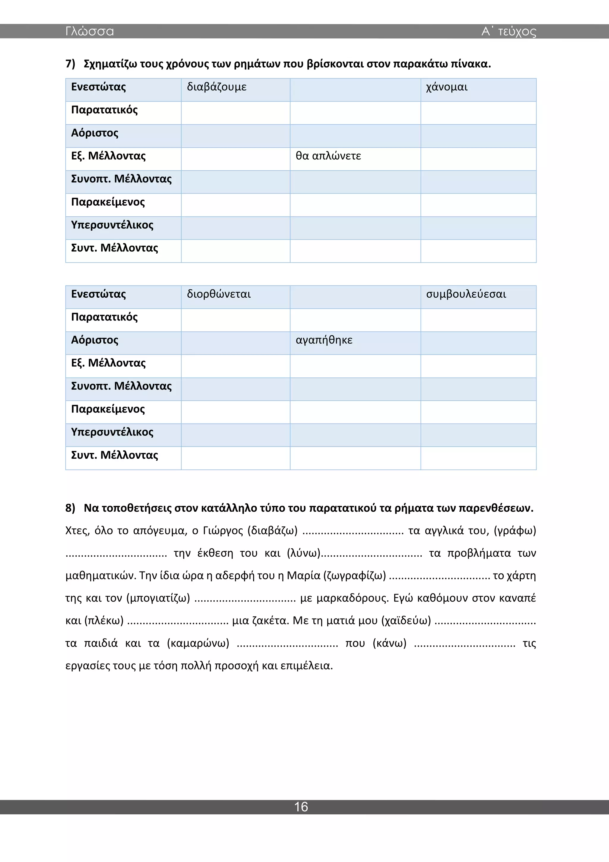Γλώσσα Α΄ τεύχος
16
7) Σχηματίζω τους χρόνους των ρημάτων που βρίσκονται στον παρακάτω πίνακα.
Ενεστώτας διαβάζουμε χάνομαι
Παρατατικός
Αόριστος
Εξ. Μέλλοντας θα απλώνετε
Συνοπτ. Μέλλοντας
Παρακείμενος
Υπερσυντέλικος
Συντ. Μέλλοντας
Ενεστώτας διορθώνεται συμβουλεύεσαι
Παρατατικός
Αόριστος αγαπήθηκε
Εξ. Μέλλοντας
Συνοπτ. Μέλλοντας
Παρακείμενος
Υπερσυντέλικος
Συντ. Μέλλοντας
8) Να τοποθετήσεις στον κατάλληλο τύπο του παρατατικού τα ρήματα των παρενθέσεων.
Χτες, όλο το απόγευμα, ο Γιώργος (διαβάζω) ................................. τα αγγλικά του, (γράφω)
................................. την έκθεση του και (λύνω)................................. τα προβλήματα των
μαθηματικών. Την ίδια ώρα η αδερφή του η Μαρία (ζωγραφίζω) ................................. το χάρτη
της και τον (μπογιατίζω) ................................. με μαρκαδόρους. Εγώ καθόμουν στον καναπέ
και (πλέκω) ................................. μια ζακέτα. Με τη ματιά μου (χαϊδεύω) .................................
τα παιδιά και τα (καμαρώνω) ................................. που (κάνω) ................................. τις
εργασίες τους με τόση πολλή προσοχή και επιμέλεια.
 