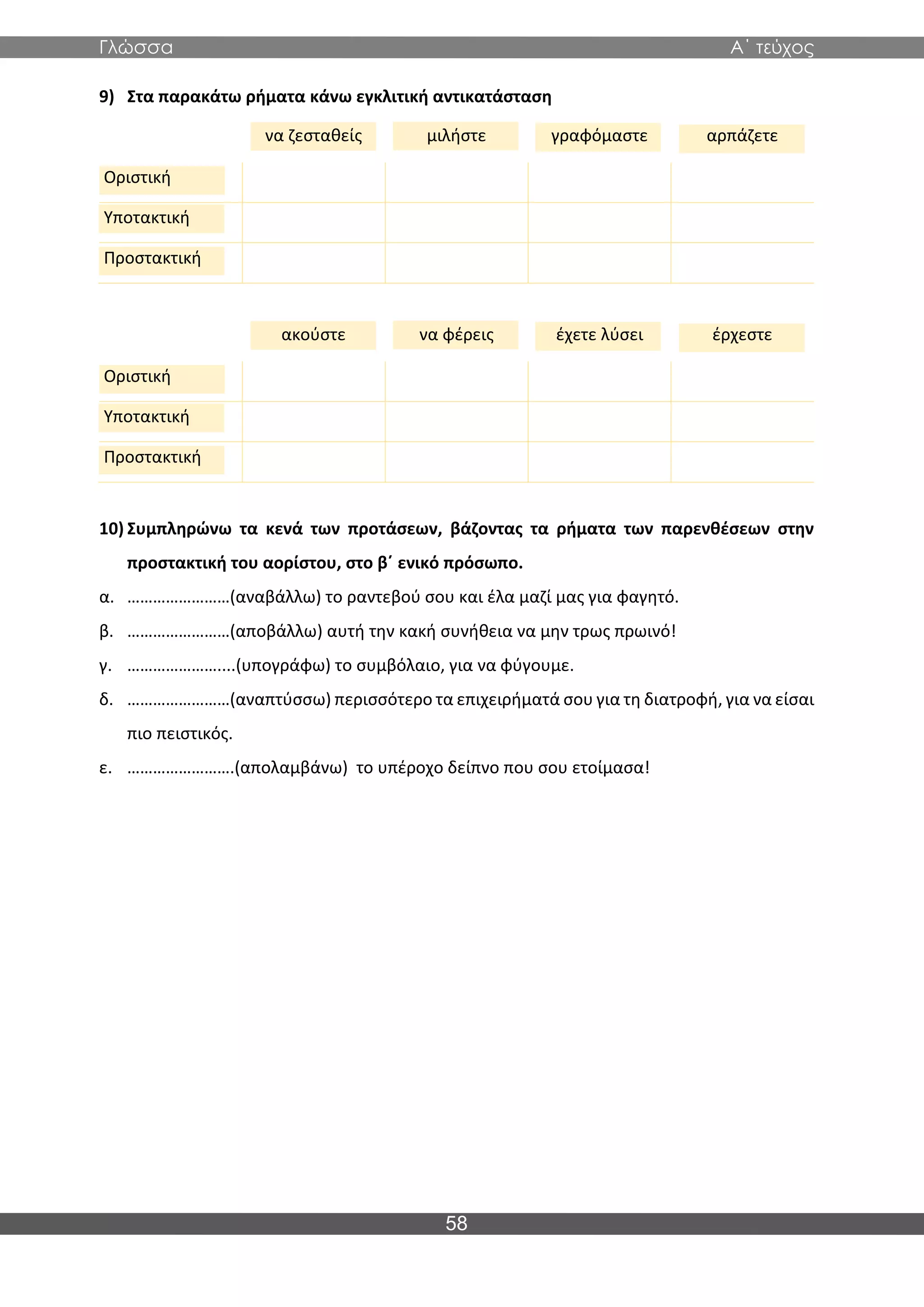 Γλώσσα Α΄ τεύχος
58
9) Στα παρακάτω ρήματα κάνω εγκλιτική αντικατάσταση
να ζεσταθείς μιλήστε γραφόμαστε αρπάζετε
Οριστική
Υποτακτική
Προστακτική
ακούστε να φέρεις έχετε λύσει έρχεστε
Οριστική
Υποτακτική
Προστακτική
10) Συμπληρώνω τα κενά των προτάσεων, βάζοντας τα ρήματα των παρενθέσεων στην
προστακτική του αορίστου, στο β΄ ενικό πρόσωπο.
α. ……………………(αναβάλλω) το ραντεβού σου και έλα μαζί μας για φαγητό.
β. ……………………(αποβάλλω) αυτή την κακή συνήθεια να μην τρως πρωινό!
γ. …………………....(υπογράφω) το συμβόλαιο, για να φύγουμε.
δ. ……………………(αναπτύσσω) περισσότερο τα επιχειρήματά σου για τη διατροφή, για να είσαι
πιο πειστικός.
ε. …………………….(απολαμβάνω) το υπέροχο δείπνο που σου ετοίμασα!
 
