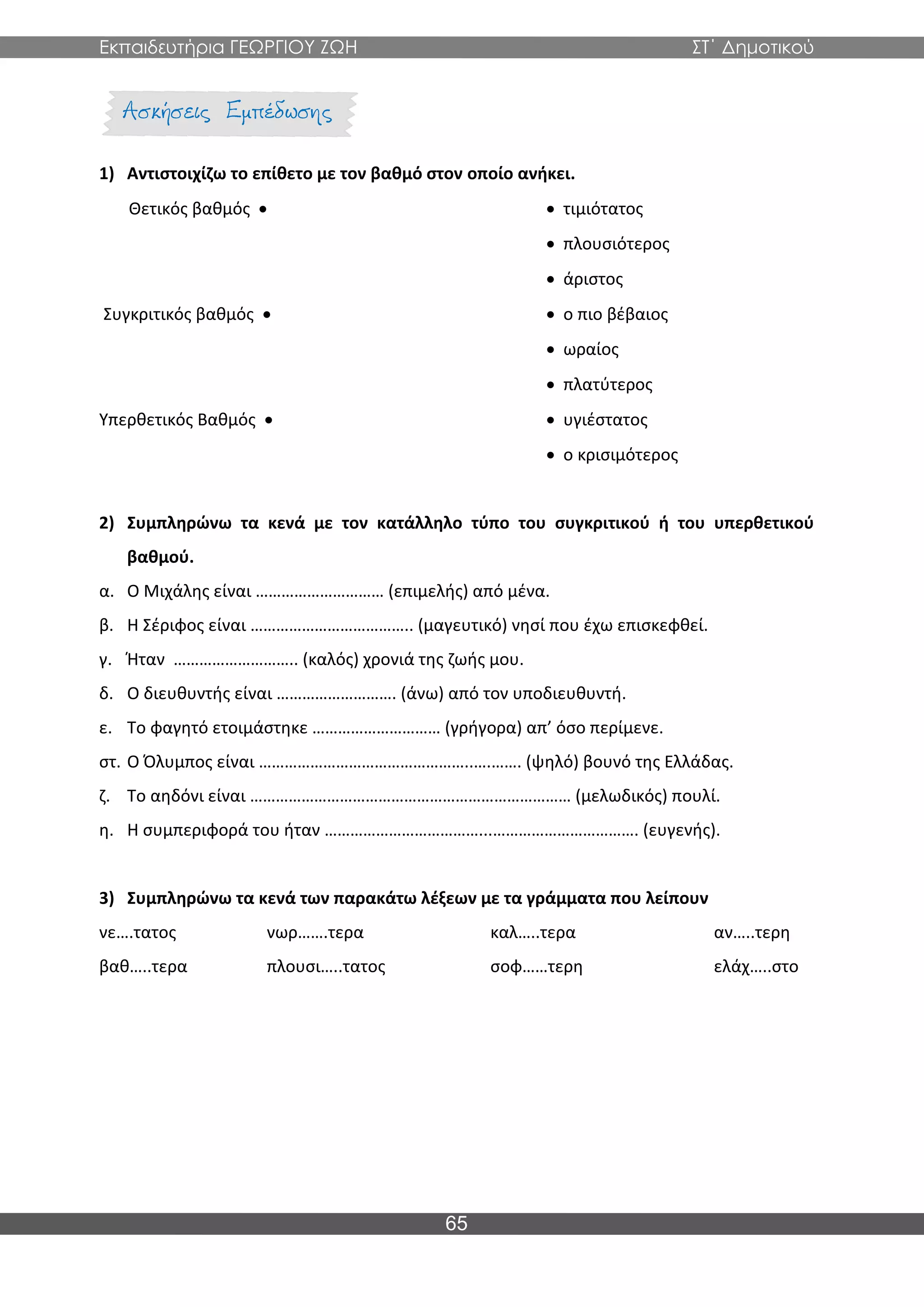 Εκπαιδευτήρια ΓΕΩΡΓΙΟΥ ΖΩΗ ΣΤ΄ Δημοτικού
65
1) Αντιστοιχίζω το επίθετο με τον βαθμό στον οποίο ανήκει.
Θετικός βαθμός • • τιμιότατος
• πλουσιότερος
• άριστος
Συγκριτικός βαθμός • • ο πιο βέβαιος
• ωραίος
• πλατύτερος
Υπερθετικός Βαθμός • • υγιέστατος
• ο κρισιμότερος
2) Συμπληρώνω τα κενά με τον κατάλληλο τύπο του συγκριτικού ή του υπερθετικού
βαθμού.
α. Ο Μιχάλης είναι ………………………… (επιμελής) από μένα.
β. Η Σέριφος είναι ……………………………….. (μαγευτικό) νησί που έχω επισκεφθεί.
γ. Ήταν ……………………….. (καλός) χρονιά της ζωής μου.
δ. Ο διευθυντής είναι ………………………. (άνω) από τον υποδιευθυντή.
ε. Το φαγητό ετοιμάστηκε ………………………… (γρήγορα) απ’ όσο περίμενε.
στ. Ο Όλυμπος είναι …………………………………………..….……. (ψηλό) βουνό της Ελλάδας.
ζ. Το αηδόνι είναι ………………………………………………………………… (μελωδικός) πουλί.
η. Η συμπεριφορά του ήταν ………………………………...……………………………. (ευγενής).
3) Συμπληρώνω τα κενά των παρακάτω λέξεων με τα γράμματα που λείπουν
νε….τατος νωρ…….τερα καλ…..τερα αν…..τερη
βαθ…..τερα πλουσι…..τατος σοφ……τερη ελάχ…..στο
 