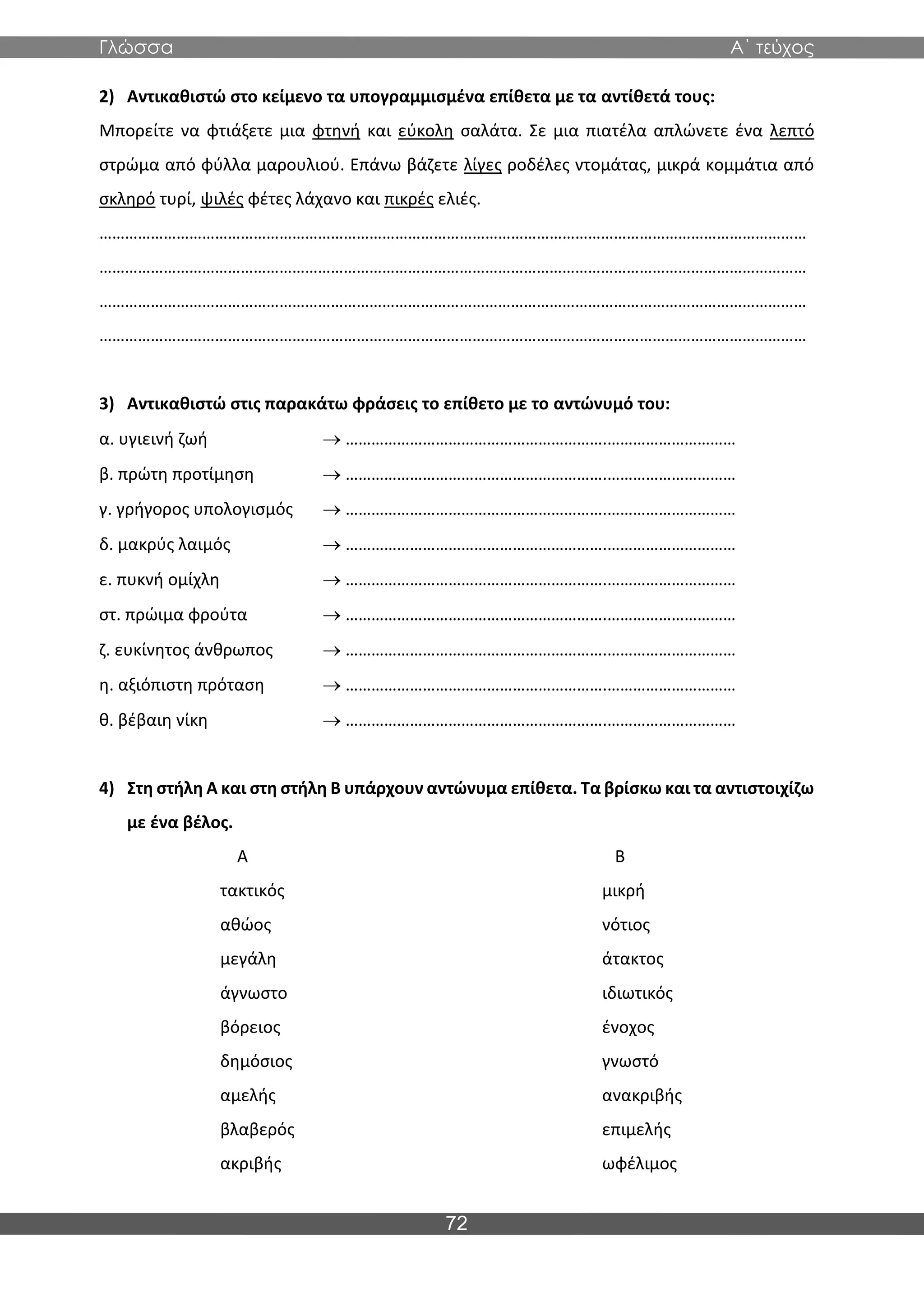 Γλώσσα Α΄ τεύχος
72
2) Αντικαθιστώ στο κείμενο τα υπογραμμισμένα επίθετα με τα αντίθετά τους:
Μπορείτε να φτιάξετε μια φτηνή και εύκολη σαλάτα. Σε μια πιατέλα απλώνετε ένα λεπτό
στρώμα από φύλλα μαρουλιού. Επάνω βάζετε λίγες ροδέλες ντομάτας, μικρά κομμάτια από
σκληρό τυρί, ψιλές φέτες λάχανο και πικρές ελιές.
…………………………………………………………………………………………………………………………………………………
…………………………………………………………………………………………………………………………………………………
…………………………………………………………………………………………………………………………………………………
…………………………………………………………………………………………………………………………………………………
3) Αντικαθιστώ στις παρακάτω φράσεις το επίθετο με το αντώνυμό του:
α. υγιεινή ζωή → …………………………………………………….…………………………
β. πρώτη προτίμηση → …………………………………………………….…………………………
γ. γρήγορος υπολογισμός → …………………………………………………….…………………………
δ. μακρύς λαιμός → …………………………………………………….…………………………
ε. πυκνή ομίχλη → …………………………………………………….…………………………
στ. πρώιμα φρούτα → …………………………………………………….…………………………
ζ. ευκίνητος άνθρωπος → …………………………………………………….…………………………
η. αξιόπιστη πρόταση → …………………………………………………….…………………………
θ. βέβαιη νίκη → …………………………………………………….…………………………
4) Στη στήλη Α και στη στήλη Β υπάρχουν αντώνυμα επίθετα. Τα βρίσκω και τα αντιστοιχίζω
με ένα βέλος.
Α Β
τακτικός μικρή
αθώος νότιος
μεγάλη άτακτος
άγνωστο ιδιωτικός
βόρειος ένοχος
δημόσιος γνωστό
αμελής ανακριβής
βλαβερός επιμελής
ακριβής ωφέλιμος
 
