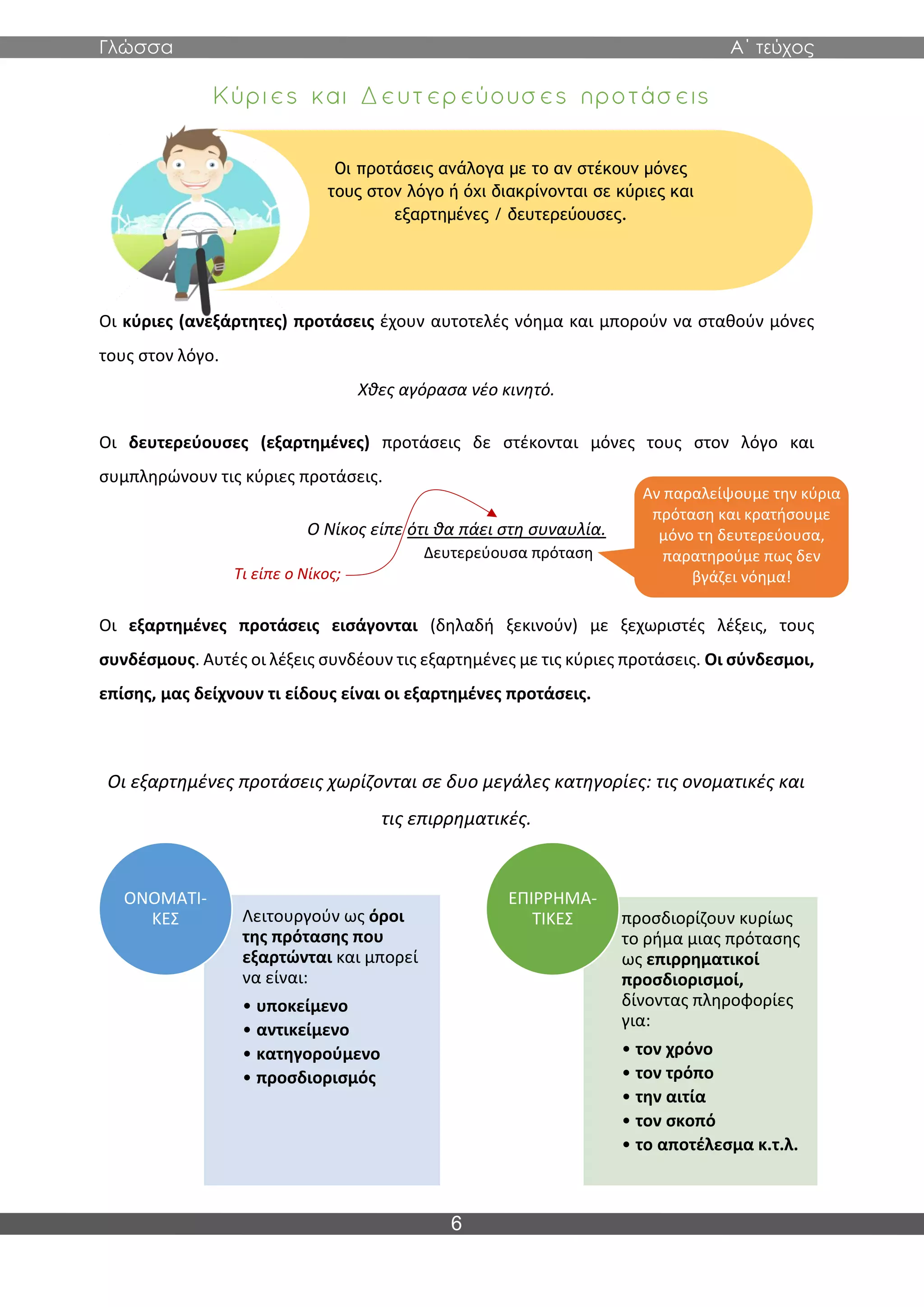 Γλώσσα Α΄ τεύχος
6
Οι κύριες (ανεξάρτητες) προτάσεις έχουν αυτοτελές νόημα και μπορούν να σταθούν μόνες
τους στον λόγο.
Χθες αγόρασα νέο κινητό.
Οι δευτερεύουσες (εξαρτημένες) προτάσεις δε στέκονται μόνες τους στον λόγο και
συμπληρώνουν τις κύριες προτάσεις.
Ο Νίκος είπε ότι θα πάει στη συναυλία.
Οι εξαρτημένες προτάσεις εισάγονται (δηλαδή ξεκινούν) με ξεχωριστές λέξεις, τους
συνδέσμους. Αυτές οι λέξεις συνδέουν τις εξαρτημένες με τις κύριες προτάσεις. Οι σύνδεσμοι,
επίσης, μας δείχνουν τι είδους είναι οι εξαρτημένες προτάσεις.
Οι εξαρτημένες προτάσεις χωρίζονται σε δυο μεγάλες κατηγορίες: τις ονοματικές και
τις επιρρηματικές.
Λειτουργούν ως όροι
της πρότασης που
εξαρτώνται και μπορεί
να είναι:
• υποκείμενο
• αντικείμενο
• κατηγορούμενο
• προσδιορισμός
ΟΝΟΜΑΤΙ-
ΚΕΣ προσδιορίζουν κυρίως
το ρήμα μιας πρότασης
ως επιρρηματικοί
προσδιορισμοί,
δίνοντας πληροφορίες
για:
• τον χρόνο
• τον τρόπο
• την αιτία
• τον σκοπό
• το αποτέλεσμα κ.τ.λ.
ΕΠΙΡΡΗΜΑ-
ΤΙΚΕΣ
Οι προτάσεις ανάλογα με το αν στέκουν μόνες
τους στον λόγο ή όχι διακρίνονται σε κύριες και
εξαρτημένες / δευτερεύουσες.
Δευτερεύουσα πρόταση
Αν παραλείψουμε την κύρια
πρόταση και κρατήσουμε
μόνο τη δευτερεύουσα,
παρατηρούμε πως δεν
βγάζει νόημα!
Τι είπε ο Νίκος;
 