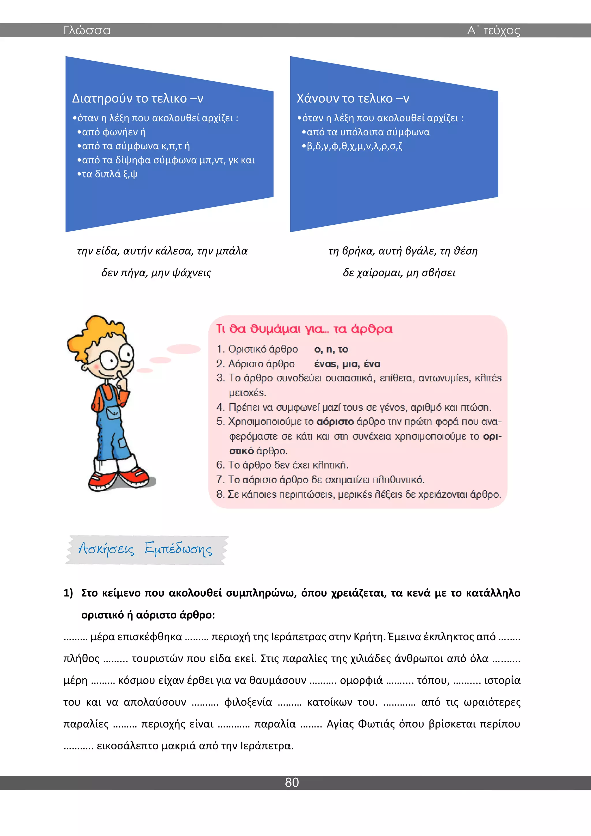 Γλώσσα Α΄ τεύχος
80
την είδα, αυτήν κάλεσα, την μπάλα τη βρήκα, αυτή βγάλε, τη θέση
δεν πήγα, μην ψάχνεις δε χαίρομαι, μη σβήσει
1) Στο κείμενο που ακολουθεί συμπληρώνω, όπου χρειάζεται, τα κενά με το κατάλληλο
οριστικό ή αόριστο άρθρο:
……… μέρα επισκέφθηκα ……… περιοχή της Ιεράπετρας στην Κρήτη. Έμεινα έκπληκτος από ….….
πλήθος ……... τουριστών που είδα εκεί. Στις παραλίες της χιλιάδες άνθρωποι από όλα …..…..
μέρη ……… κόσμου είχαν έρθει για να θαυμάσουν ………. ομορφιά …….... τόπου, …….... ιστορία
του και να απολαύσουν ………. φιλοξενία ……… κατοίκων του. ………… από τις ωραιότερες
παραλίες ……… περιοχής είναι ………… παραλία …….. Αγίας Φωτιάς όπου βρίσκεται περίπου
……….. εικοσάλεπτο μακριά από την Ιεράπετρα.
Διατηρούν το τελικο –ν
•όταν η λέξη που ακολουθεί αρχίζει :
•από φωνήεν ή
•από τα σύμφωνα κ,π,τ ή
•από τα δίψηφα σύμφωνα μπ,ντ, γκ και
•τα διπλά ξ,ψ
Χάνουν το τελικο –ν
•όταν η λέξη που ακολουθεί αρχίζει :
•από τα υπόλοιπα σύμφωνα
•β,δ,γ,φ,θ,χ,μ,ν,λ,ρ,σ,ζ
 