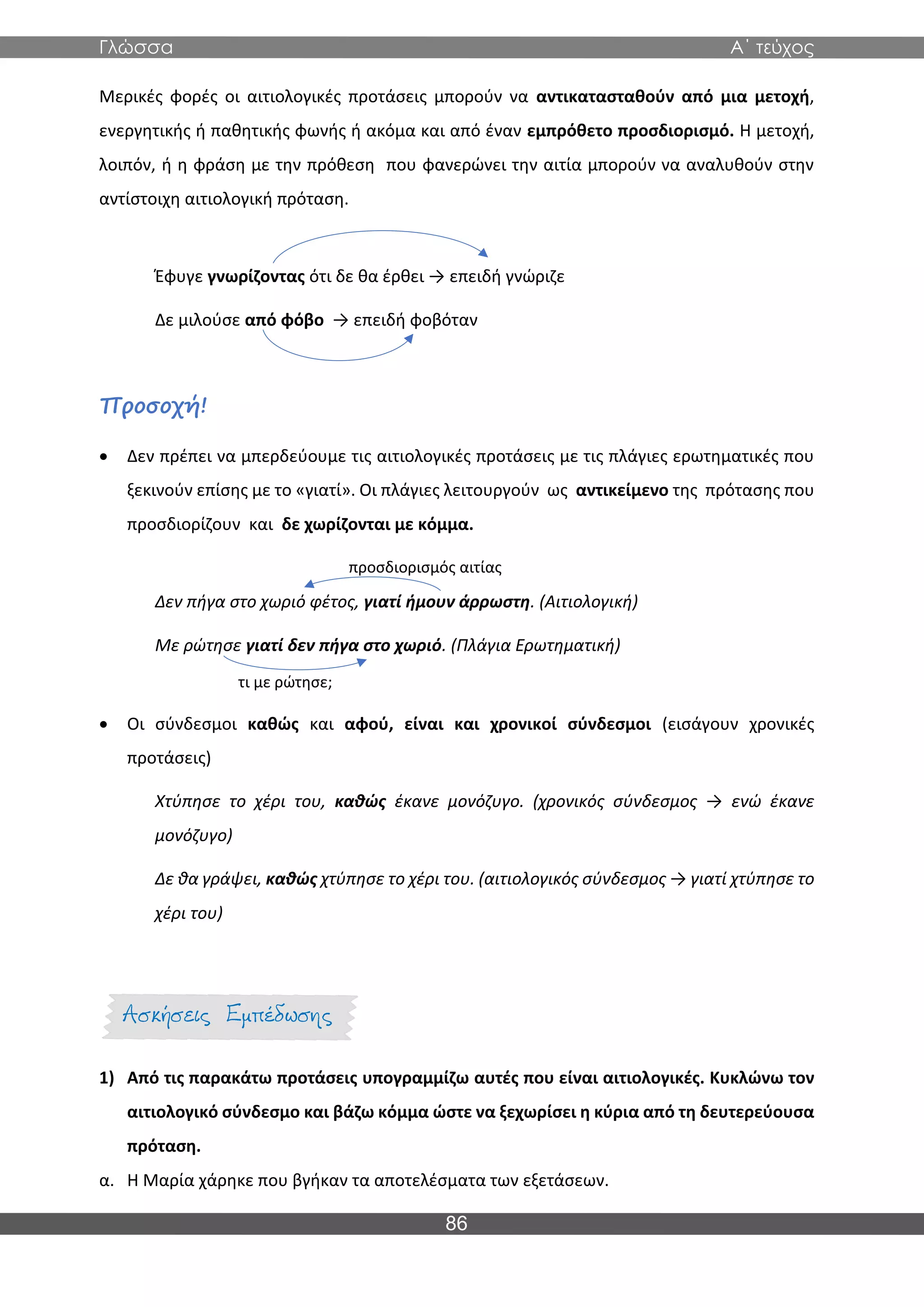 Γλώσσα Α΄ τεύχος
86
Μερικές φορές οι αιτιολογικές προτάσεις μπορούν να αντικατασταθούν από μια μετοχή,
ενεργητικής ή παθητικής φωνής ή ακόμα και από έναν εμπρόθετο προσδιορισμό. Η μετοχή,
λοιπόν, ή η φράση με την πρόθεση που φανερώνει την αιτία μπορούν να αναλυθούν στην
αντίστοιχη αιτιολογική πρόταση.
Έφυγε γνωρίζοντας ότι δε θα έρθει → επειδή γνώριζε
Δε μιλούσε από φόβο → επειδή φοβόταν
Προσοχή!
• Δεν πρέπει να μπερδεύουμε τις αιτιολογικές προτάσεις με τις πλάγιες ερωτηματικές που
ξεκινούν επίσης με το «γιατί». Οι πλάγιες λειτουργούν ως αντικείμενο της πρότασης που
προσδιορίζουν και δε χωρίζονται με κόμμα.
Δεν πήγα στο χωριό φέτος, γιατί ήμουν άρρωστη. (Αιτιολογική)
Με ρώτησε γιατί δεν πήγα στο χωριό. (Πλάγια Ερωτηματική)
• Οι σύνδεσμοι καθώς και αφού, είναι και χρονικοί σύνδεσμοι (εισάγουν χρονικές
προτάσεις)
Χτύπησε το χέρι του, καθώς έκανε μονόζυγο. (χρονικός σύνδεσμος → ενώ έκανε
μονόζυγο)
Δε θα γράψει, καθώς χτύπησε το χέρι του. (αιτιολογικός σύνδεσμος → γιατί χτύπησε το
χέρι του)
1) Από τις παρακάτω προτάσεις υπογραμμίζω αυτές που είναι αιτιολογικές. Κυκλώνω τον
αιτιολογικό σύνδεσμο και βάζω κόμμα ώστε να ξεχωρίσει η κύρια από τη δευτερεύουσα
πρόταση.
α. Η Μαρία χάρηκε που βγήκαν τα αποτελέσματα των εξετάσεων.
τι με ρώτησε;
προσδιορισμός αιτίας
 