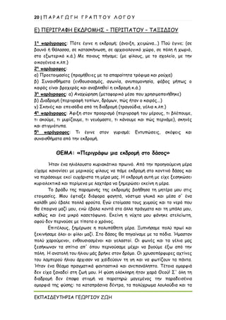 20 | Π Α Ρ Α Γ Ω Γ Η Γ Ρ Α Π Τ Ο Υ Λ Ο Γ Ο Υ
ΕΚΠΑΙΔΕΥΤΗΡΙΑ ΓΕΩΡΓΙΟΥ ΖΩΗ
Ε) ΠΕΡΙΓΡΑΦΗ ΕΚΔΡΟΜΗΣ – ΠΕΡΙΠΑΤΟΥ – ΤΑΞΙΔΙΟΥ
1η
παράγραφος: Πότε έγινε η εκδρομή; (άνοιξη, χειμώνα...) Πού έγινε; (σε
βουνό ή θάλασσα, σε κατασκήνωση, σε αρχαιολογικό χώρο, σε πόλη ή χωριό,
στο εξωτερικό κ.ά.) Με ποιους πήγαμε; (με φίλους, με το σχολείο, με την
οικογένεια κ.λπ.)
2η
παράγραφος:
α) Προετοιμασίες (προμήθειες με τα απαραίτητα τρόφιμα και ρούχα)
β) Συναισθήματα (ενθουσιασμός, αγωνία, ανυπομονησία, φόβος μήπως ο
καιρός είναι βροχερός και αναβληθεί η εκδρομή κ.ά.)
3η
παράγραφος: α) Αναχώρηση (μεταφορικό μέσο που χρησιμοποιήθηκε)
β) Διαδρομή (περιγραφή τοπίων, δρόμων, πώς ήταν ο καιρός...)
γ) Σκηνές και επεισόδια από τη διαδρομή (τραγούδια, γέλια κ.λπ.)
4η
παράγραφος: Άφιξη στον προορισμό (περιγραφή του μέρους, τι βλέπουμε,
τι ακούμε, τι μυρίζουμε, τι γευόμαστε, τι κάνουμε και πώς περνάμε), σκηνές
και στιγμιότυπα.
5η
παράγραφος: Τι έγινε στον γυρισμό; Εντυπώσεις, σκέψεις και
συναισθήματα από την εκδρομή.
ΘΕΜΑ: «Περιγράφω μια εκδρομή στο δάσος»
Ήταν ένα ηλιόλουστο κυριακάτικο πρωινό. Από την προηγούμενη μέρα
είχαμε κανονίσει με μερικούς φίλους να πάμε εκδρομή στο κοντινό δάσος και
να περάσουμε εκεί ευχάριστα τη μέρα μας. Η εκδρομή αυτή με είχε ξεσηκώσει
κυριολεκτικά και περίμενα με λαχτάρα να ξημερώσει εκείνη η μέρα.
Το βράδυ της παραμονής της εκδρομής βοήθησα τη μητέρα μου στις
ετοιμασίες. Μου έφτιαξε διάφορα φαγητά, νόστιμα γλυκά και μέσα σ' ένα
καλάθι μού έβαλε πολλά φρούτα. Εγώ ετοίμασα τους χυμούς και το νερό που
θα έπαιρνα μαζί μου, ενώ έβαλα κοντά στα άλλα πράγματα και τη μπάλα μου,
καθώς και ένα μικρό κασετόφωνο. Εκείνη η νύχτα μου φάνηκε ατελείωτη,
αφού δεν περνούσε με τίποτα ο χρόνος.
Επιτέλους, ξημέρωσε η πολυπόθητη μέρα. Ξυπνήσαμε πολύ πρωί και
ξεκινήσαμε όλοι οι φίλοι μαζί. Στο δάσος θα πηγαίναμε με τα πόδια. Ήμασταν
πολύ χαρούμενοι, ενθουσιασμένοι και γελαστοί. Οι φωνές και τα γέλια μας
ξεσήκωναν τα σπίτια απ' όπου περνούσαμε μέχρι να βγούμε έξω από την
πόλη. Η ανατολή του ήλιου μάς βρήκε στον δρόμο. Οι χρυσοπόρφυρες αχτίνες
του λαμπερού ήλιου άρχισαν να χαϊδεύουν τη γη και να φωτίζουν τα πάντα.
Ήταν ένα θέαμα πραγματικά φανταστικό και ανεπανάληπτο. Τέτοια ομορφιά
δεν είχα ξαναδεί στη ζωή μου. Η φύση ολόκληρη ήταν χαρά Θεού! Σ' όλη τη
διαδρομή δεν έπαψα στιγμή να παρατηρώ μαγεμένος την παραδεισένια
ομορφιά της φύσης: τα καταπράσινα δέντρα, τα πολύχρωμα λουλούδια και τα
 