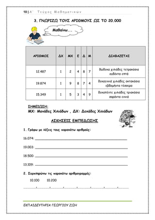 10 | Α ’ Τ ε ύ χ ο ς Μ α θ η μ α τ ι κ ώ ν
ΕΚΠΑΙΔΕΥΤΗΡΙΑ ΓΕΩΡΓΙΟΥ ΖΩΗ
3. ΓΝΩΡΙΖΩ ΤΟΥΣ ΑΡΙΘΜΟΥΣ ΩΣ ΤΟ 20.000
ΣΗΜΕΙΩΣΗ:
ΜΧ: Μονάδες Χιλιάδων , ΔΧ: Δεκάδες Χιλιάδων
ΑΣΚΗΣΕΙΣ ΕΜΠΕΔΩΣΗΣ
1. Γράφω με λέξεις τους παρακάτω αριθμούς:
16.074: _______________________________________________
19.003:
18.500:
13.109:
2. Συμπληρώνω τις παρακάτω αριθμογραμμές:
10.100 10.200
………………ι………………ι………………ι………………ι………………ι………………ι………………ι……………
ΑΡΙΘΜΟΣ ΔΧ ΜΧ Ε Δ Μ ΔΙΑΒΑΖΕΤΑΙ
12.487 1 2 4 8 7
δώδεκα χιλιάδες τετρακόσια
ογδόντα επτά
19.874 1 9 8 7 4
δεκαεννιά χιλιάδες οκτακόσια
εβδομήντα τέσσερα
15.349 1 5 3 4 9
δεκαπέντε χιλιάδες τριακόσια
σαράντα εννιά
Μαθαίνω...
 