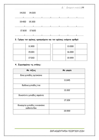 Δ ΄ Δ η μ ο τ ι κ ο ύ | 11
ΕΚΠΑΙΔΕΥΤΗΡΙΑ ΓΕΩΡΓΙΟΥ ΖΩΗ
14.010 14.020
………………ι…………………ι………………ι……………...ι………………ι……………...ι………………ι…………...
19.400 19.300
…………………ι………………ι………………ι………………ι………………ι………………ι………………ι……………
17.830 17.820
…………………ι………………ι………………ι………………ι………………ι………………ι………………ι……………
3. Γράφω τον αμέσως προηγούμενο και τον αμέσως επόμενο αριθμό:
11.900 13.000
15.001 16.000
17.010 19.999
4. Συμπληρώνω τις στήλες:
Με λέξεις Με ψηφία
δέκα χιλιάδες οχτακόσια
11.045
δώδεκα χιλιάδες ένα
13.102
δεκαπέντε χιλιάδες σαράντα
17.109
δεκαοχτώ χιλιάδες εννιακόσια
ογδόντα δύο
19.999
 