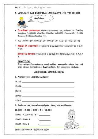 14 | Α ’ Τ ε ύ χ ο ς Μ α θ η μ α τ ι κ ώ ν
ΕΚΠΑΙΔΕΥΤΗΡΙΑ ΓΕΩΡΓΙΟΥ ΖΩΗ
4. ΑΝΑΛΥΩ ΚΑΙ ΣΥΓΚΡΙΝΩ ΑΡΙΘΜΟΥΣ ΩΣ ΤΟ 20.000
 Δεκαδικό ανάπτυγμα λέγεται η ανάλυση ενός αριθμού σε Δεκάδες
Χιλιάδων (×10.000), Μονάδες Χιλιάδων (×1.000), Εκατοντάδες (×100),
Δεκάδες (×10) και Μονάδες (×1).
 π.χ. 12.809 = (1 × 10.000) + (2 × 1.000) + (8 × 100) + (0 × 10) + (9 × 1)
 Μονοί (ή περιττοί) ονομάζονται οι αριθμοί που τελειώνουν σε 1, 3, 5,
7 ή 9.
Ζυγοί (ή άρτιοι) ονομάζονται οι αριθμοί που τελειώνουν σε 0, 2, 4, 6 ή
8.
ΣΗΜΕΙΩΣΗ:
Όταν κάνουν ζευγαράκια οι μονοί αριθμοί, περισσεύει πάντα ένας ενώ
όταν κάνουν ζευγαράκια οι ζυγοί αριθμοί, δεν περισσεύει κανένας.
ΑΣΚΗΣΕΙΣ ΕΜΠΕΔΩΣΗΣ
1. Αναλύω τους παρακάτω αριθμούς:
19.325: __________________________________________
17.409: __________________________________________
14.210: __________________________________________
18.002: __________________________________________
11.068: __________________________________________
2. Συνθέτω τους παρακάτω αριθμούς, όπως στο παράδειγμα:
10.000 + 2.000 + 800 + 4 = 12.804
10.000 + 4.000 + 50 + 8 = _________
10.000 + 200 + 4 = _________
10.000 + 90 + 9 = _________
Μαθαίνω...
 