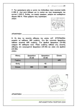 Δ ΄ Δ η μ ο τ ι κ ο ύ | 31
ΕΚΠΑΙΔΕΥΤΗΡΙΑ ΓΕΩΡΓΙΟΥ ΖΩΗ
7. Τον προηγούμενο μήνα οι γονείς του Αλέξανδρου είχαν συνολικά έσοδα
2.350 €. Από αυτά ξόδεψαν για το ενοίκιο και τους λογαριασμούς του
σπιτιού 1.035 €. Επίσης, για αγορές τροφίμων, ρούχων και υποδημάτων
έδωσαν 965 €. Πόσα χρήματα τους περίσσεψαν;
ΛΥΣΗ:
ΑΠΑΝΤΗΣΗ: ____________________________________________
8. Σε όλες τις κλειστές αίθουσες του πλοίου «ΑΓ. ΣΠΥΡΙΔΩΝ»
μπορούν να καθίσουν 380 επιβάτες. Στα δύο τελευταία δρομολόγια
κάθισαν συνολικά 695 επιβάτες. Στο βραδινό δρομολόγιο (19:00)
υπήρχαν 42 καθίσματα κενά. Πόσοι επιβάτες κάθισαν στις κλειστές
αίθουσες στο απογευματινό δρομολόγιο (15:30) και πόσοι στο βραδινό
(19:00);
ΛΥΣΗ:
Θέσεις Δρομολόγιο
15:30
Δρομολόγιο
19:00
Σύνολο
Γεμάτες 695
Κενές 42
Σύνολο 380 380
ΑΠΑΝΤΗΣΗ: ............................................................................................................
........................................................................................................................................
 