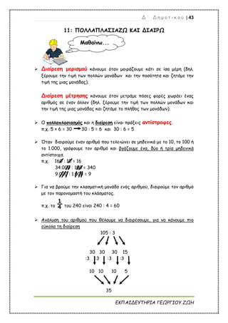 Δ ΄ Δ η μ ο τ ι κ ο ύ | 43
ΕΚΠΑΙΔΕΥΤΗΡΙΑ ΓΕΩΡΓΙΟΥ ΖΩΗ
11: ΠΟΛΛΑΠΛΑΣΙΑΖΩ ΚΑΙ ΔΙΑΙΡΩ
 Διαίρεση μερισμού κάνουμε όταν μοιράζουμε κάτι σε ίσα μέρη (δηλ.
ξέρουμε την τιμή των πολλών μονάδων και την ποσότητα και ζητάμε την
τιμή της μιας μονάδας).
Διαίρεση μέτρησης κάνουμε όταν μετράμε πόσες φορές χωράει ένας
αριθμός σε έναν άλλον (δηλ. ξέρουμε την τιμή των πολλών μονάδων και
την τιμή της μιας μονάδας και ζητάμε το πλήθος των μονάδων).
 Ο πολλαπλασιασμός και η διαίρεση είναι πράξεις αντίστροφες.
π.χ. 5 × 6 = 30 30 : 5 = 6 και 30 : 6 = 5
 Όταν διαιρούμε έναν αριθμό που τελειώνει σε μηδενικά με το 10, το 100 ή
το 1.000, γράφουμε τον αριθμό και βγάζουμε ένα, δύο ή τρία μηδενικά
αντίστοιχα.
π.χ. 160 : 10 = 16
34.000 : 100 = 340
9.000 : 1.000 = 9
 Για να βρούμε την κλασματική μονάδα ενός αριθμού, διαιρούμε τον αριθμό
με τον παρονομαστή του κλάσματος.
π.χ. το ¼του 240 είναι 240 : 4 = 60
 Ανάλυση του αριθμού που θέλουμε να διαιρέσουμε, για να κάνουμε πιο
εύκολα τη διαίρεση
105 : 3
30 30 30 15
:3 :3 :3 :3
10 10 10 5
35
Μαθαίνω...
 