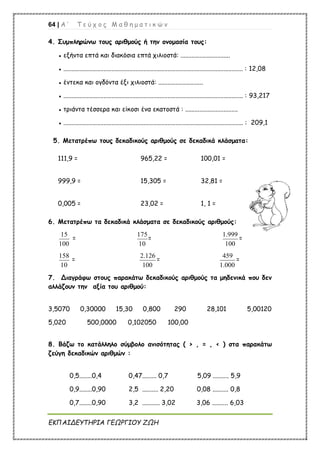 64 | Α ’ Τ ε ύ χ ο ς Μ α θ η μ α τ ι κ ώ ν
ΕΚΠΑΙΔΕΥΤΗΡΙΑ ΓΕΩΡΓΙΟΥ ΖΩΗ
4. Συμπληρώνω τους αριθμούς ή την ονομασία τους:
● εξήντα επτά και διακόσια επτά χιλιοστά: ...............................
● ................................................................................................................ : 12,08
● έντεκα και ογδόντα έξι χιλιοστά: ............................
● ................................................................................................................ : 93,217
● τριάντα τέσσερα και είκοσι ένα εκατοστά : .................................
● ................................................................................................................ : 209,1
5. Μετατρέπω τους δεκαδικούς αριθμούς σε δεκαδικά κλάσματα:
111,9 = 965,22 = 100,01 =
999,9 = 15,305 = 32,81 =
0,005 = 23,02 = 1, 1 =
6. Μετατρέπω τα δεκαδικά κλάσματα σε δεκαδικούς αριθμούς:
15
100
=
175
10
=
1.999
100
=
158
10
=
2.126
100
=
459
1.000
=
7. Διαγράφω στους παρακάτω δεκαδικούς αριθμούς τα μηδενικά που δεν
αλλάζουν την αξία του αριθμού:
3,5070 0,30000 15,30 0,800 290 28,101 5,00120
5,020 500,0000 0,102050 100,00
8. Βάζω το κατάλληλο σύμβολο ανισότητας ( > , = , < ) στα παρακάτω
ζεύγη δεκαδικών αριθμών :
0,5........0,4 0,47......... 0,7 5,09 .......... 5,9
0,9........0,90 2,5 .......... 2,20 0,08 .......... 0,8
0,7........0,90 3,2 ........... 3,02 3,06 .......... 6,03
 