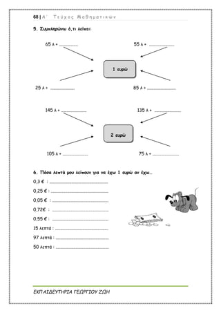 68 | Α ’ Τ ε ύ χ ο ς Μ α θ η μ α τ ι κ ώ ν
ΕΚΠΑΙΔΕΥΤΗΡΙΑ ΓΕΩΡΓΙΟΥ ΖΩΗ
5. Συμπληρώνω ό,τι λείπει:
65 λ + ................. 55 λ + .......................
1 ευρώ
25 λ + ...................... 85 λ + ..........................
145 λ + ....................... 135 λ + ........................
2 ευρώ
105 λ + ....................... 75 λ + ........................
6. Πόσα λεπτά μου λείπουν για να έχω 1 ευρώ αν έχω…
0,3 € : .....................................................
0,25 € : ....................................................
0,05 € : ...................................................
0,72€ : ...................................................
0,55 € : ...................................................
15 λεπτά : ................................................
97 λεπτά : ................................................
50 λεπτά : ................................................
 